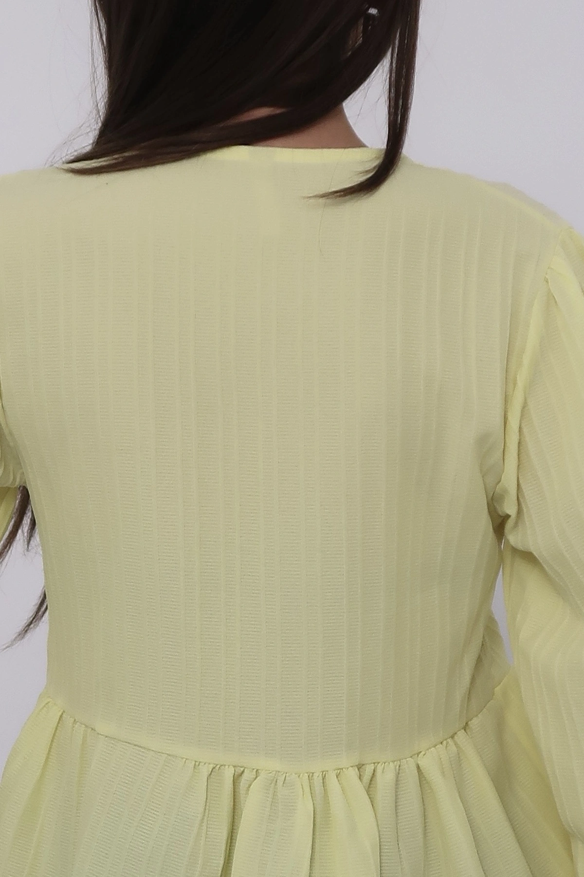 Kadın Limon Sarısı Fiyonk Detaylı Düğmeli Uzun Kol Gömlek Bluz