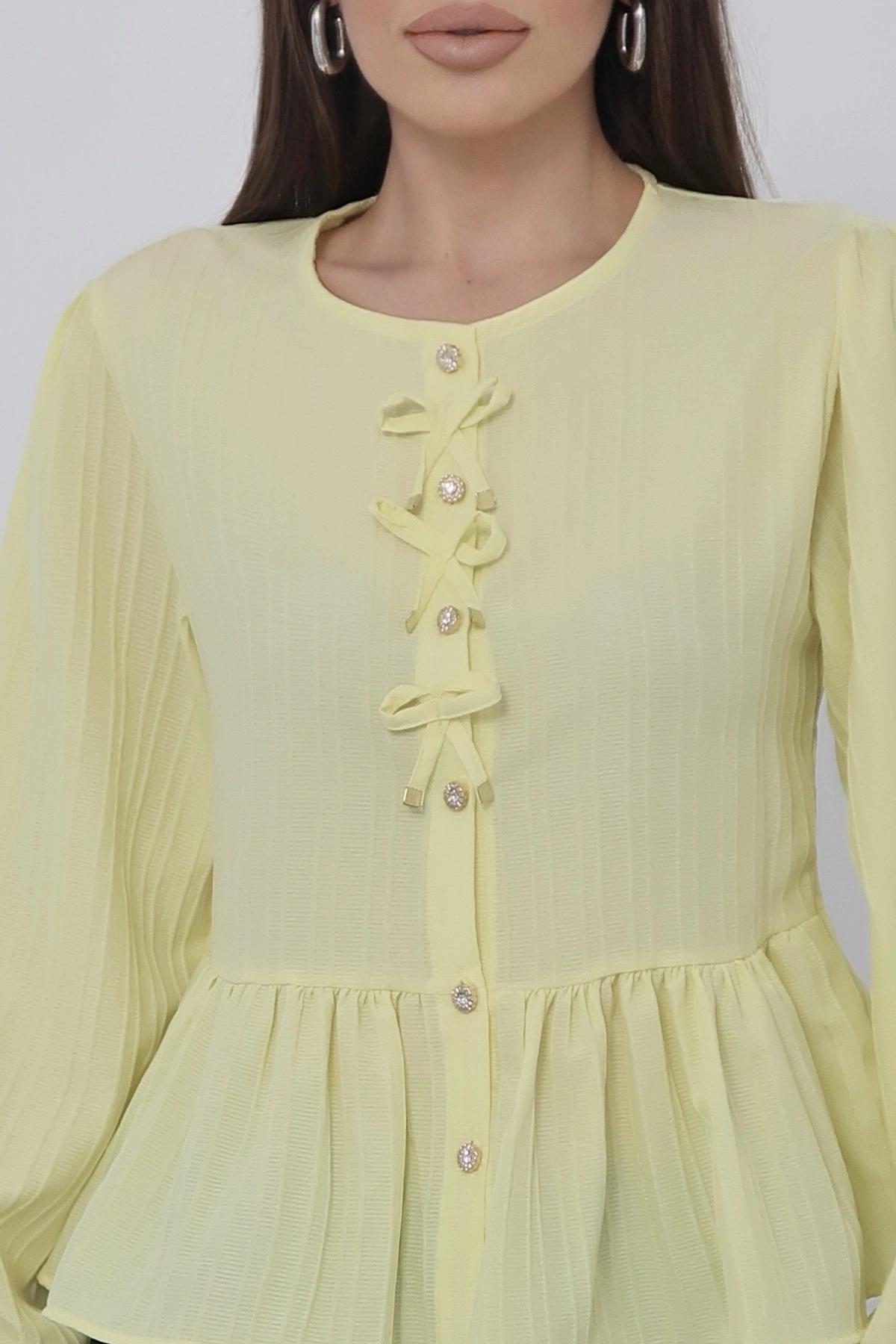 Kadın Limon Sarısı Fiyonk Detaylı Düğmeli Uzun Kol Gömlek Bluz