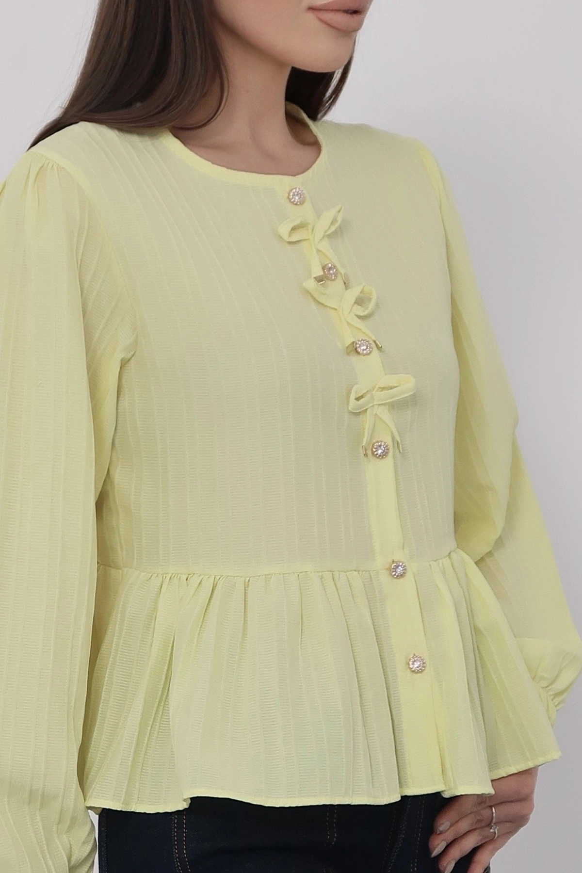 Kadın Limon Sarısı Fiyonk Detaylı Düğmeli Uzun Kol Gömlek Bluz