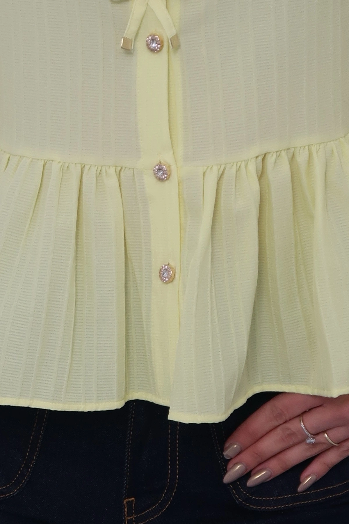 Kadın Limon Sarısı Fiyonk Detaylı Düğmeli Uzun Kol Gömlek Bluz