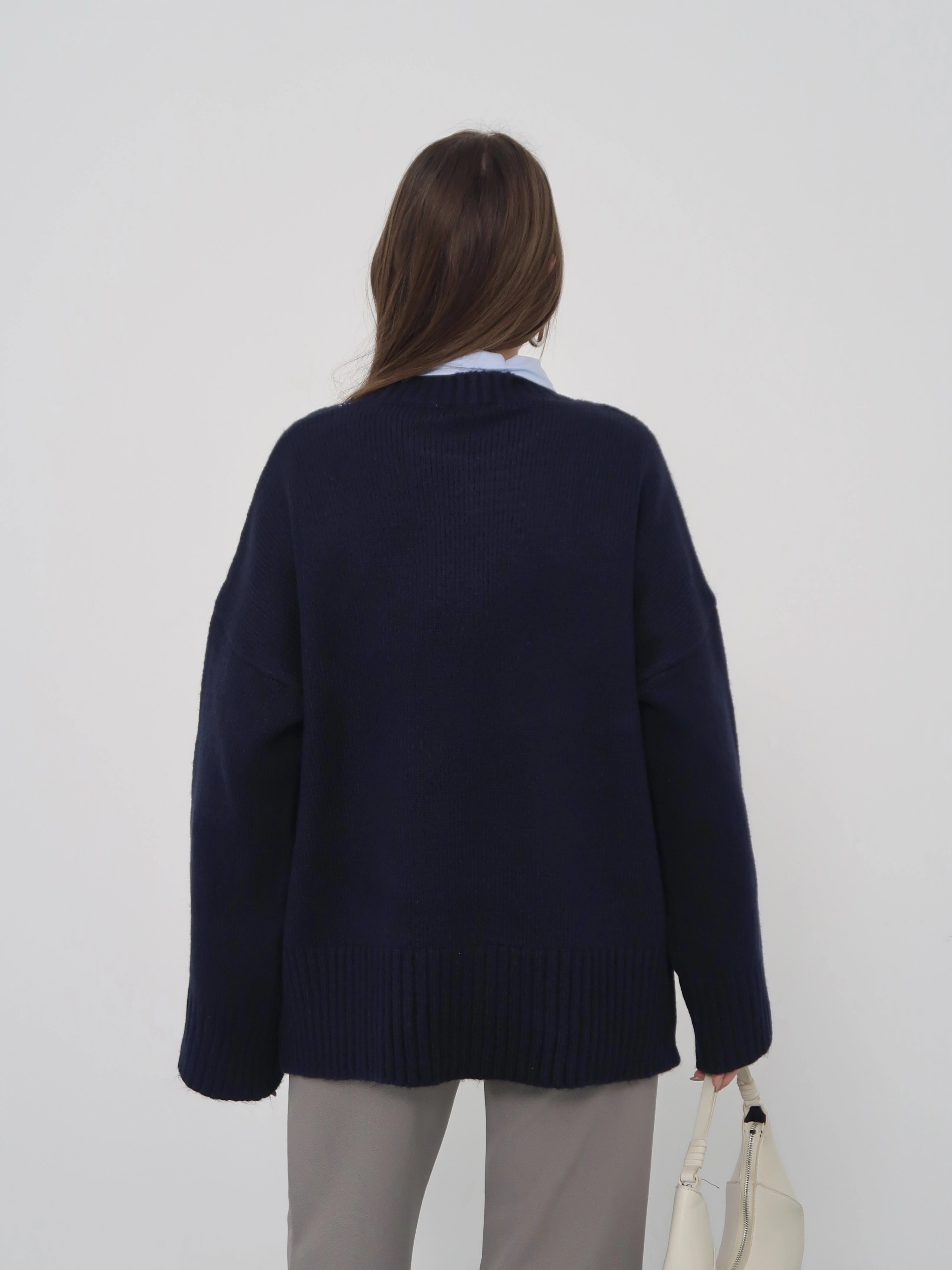 Kadın Lacivert Bisiklet Yaka Pamuksu Dokulu Triko Kazak