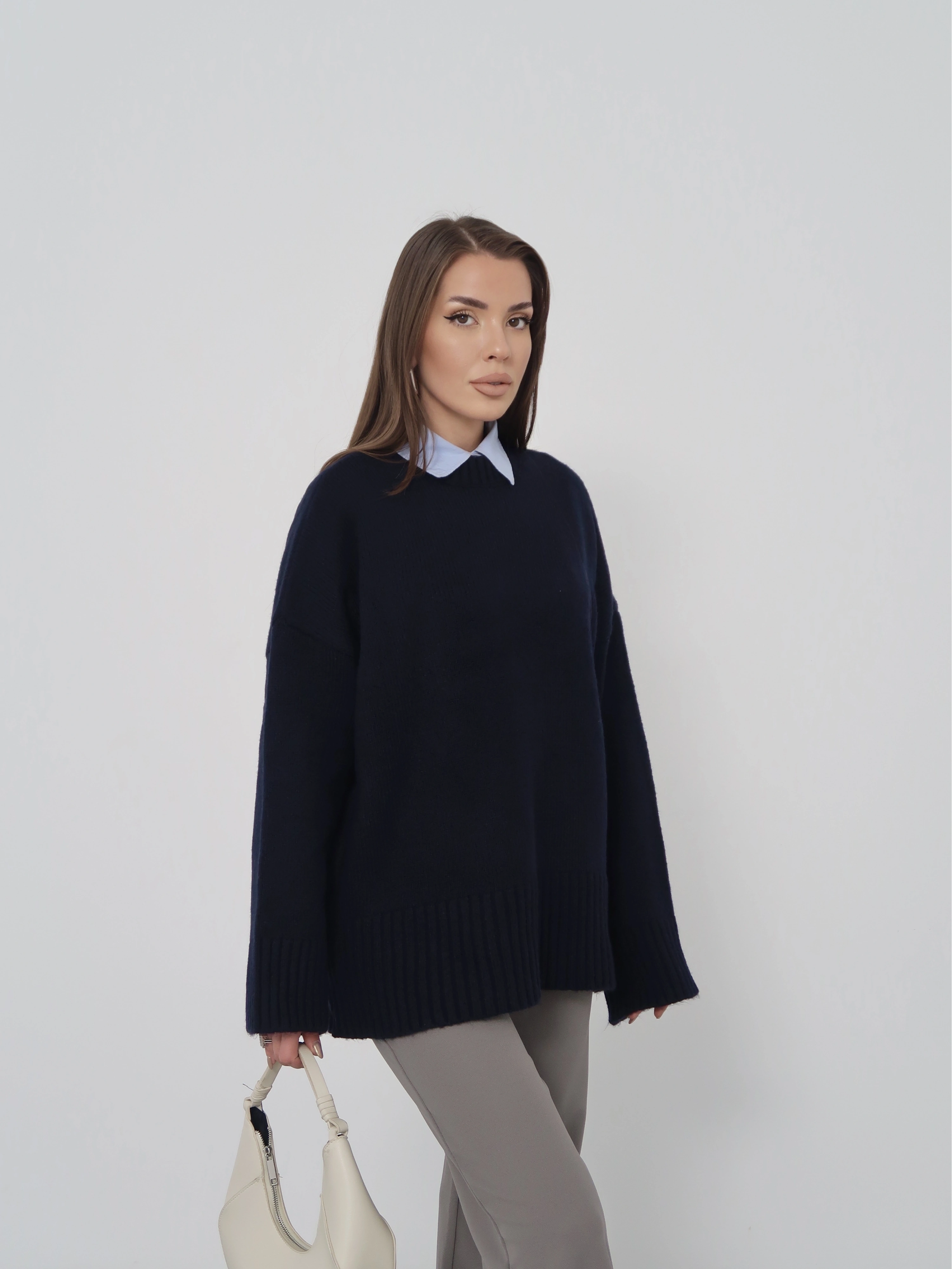 Kadın Lacivert Bisiklet Yaka Pamuksu Dokulu Triko Kazak