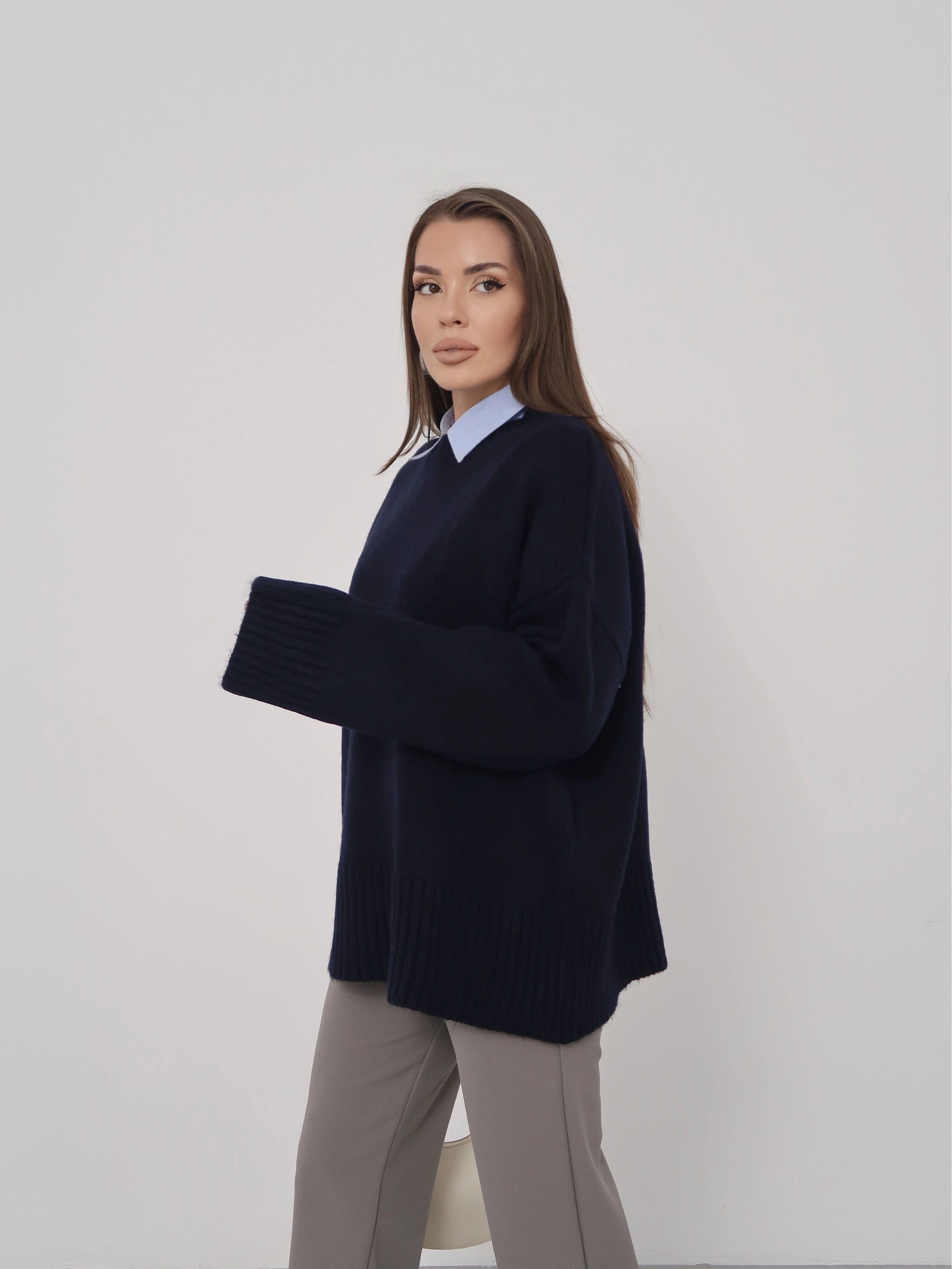 Kadın Lacivert Bisiklet Yaka Pamuksu Dokulu Triko Kazak