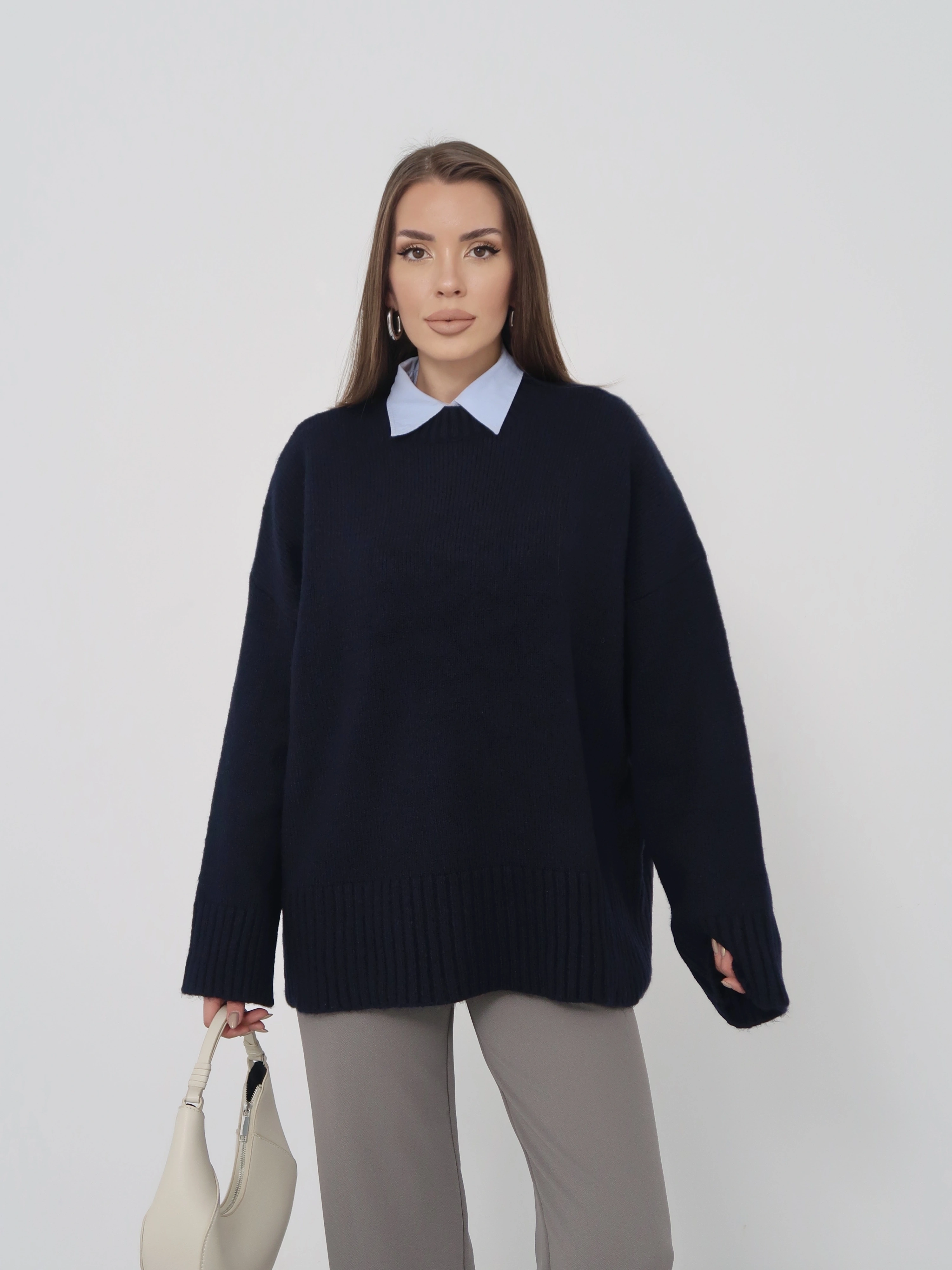 Kadın Lacivert Bisiklet Yaka Pamuksu Dokulu Triko Kazak