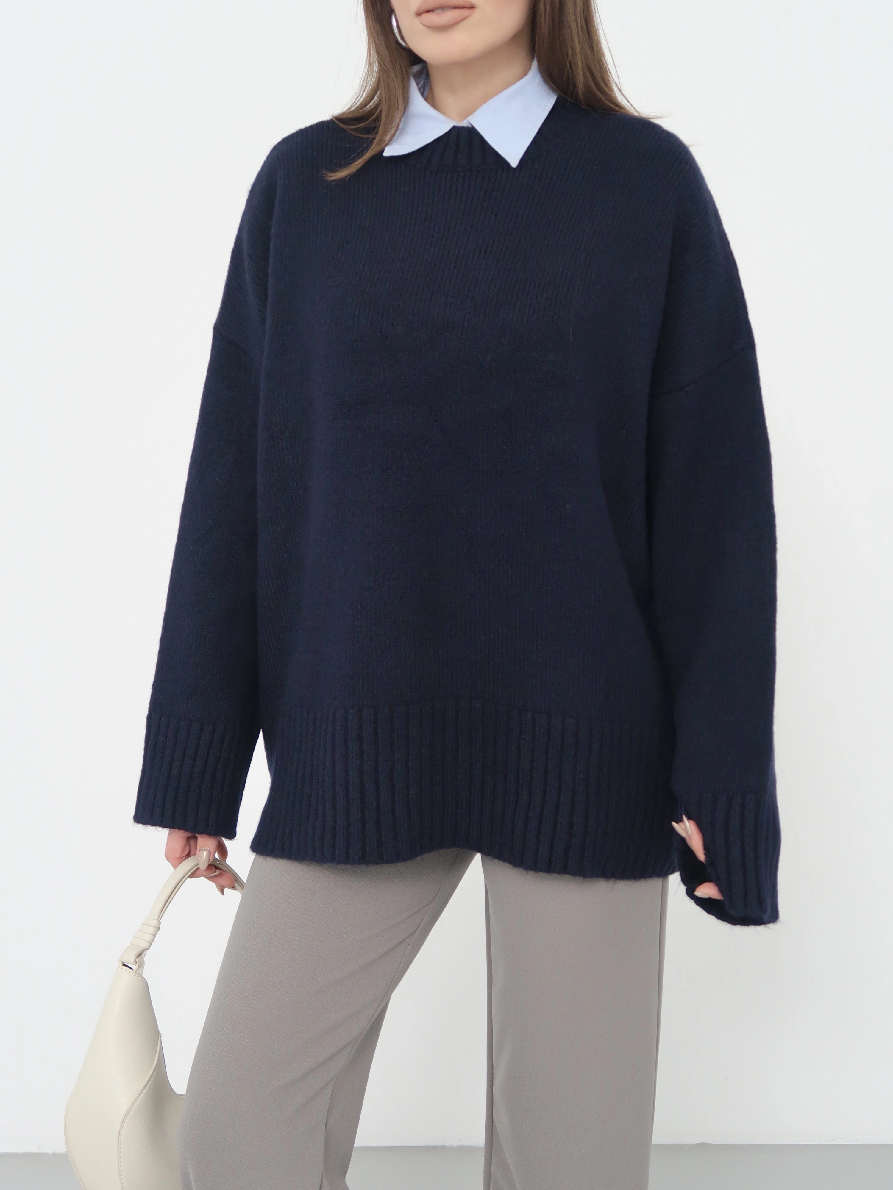 Kadın Lacivert Bisiklet Yaka Pamuksu Dokulu Triko Kazak