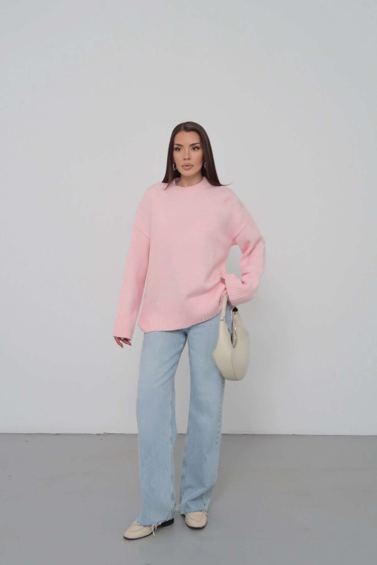 Kadın Şeker Pembe Bisiklet Yaka Pamuksu Dokulu Uzun Kol Triko Kazak