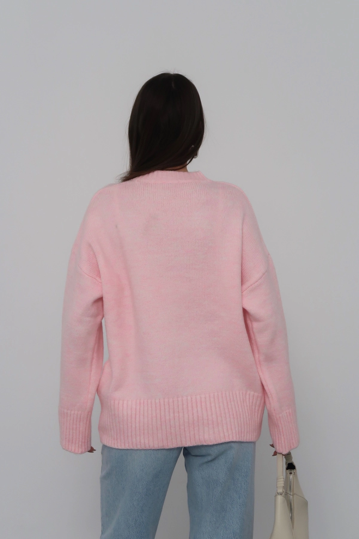 Kadın Şeker Pembe Bisiklet Yaka Pamuksu Dokulu Uzun Kol Triko Kazak