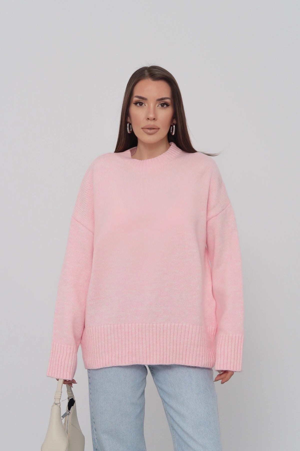 Kadın Şeker Pembe Bisiklet Yaka Pamuksu Dokulu Uzun Kol Triko Kazak