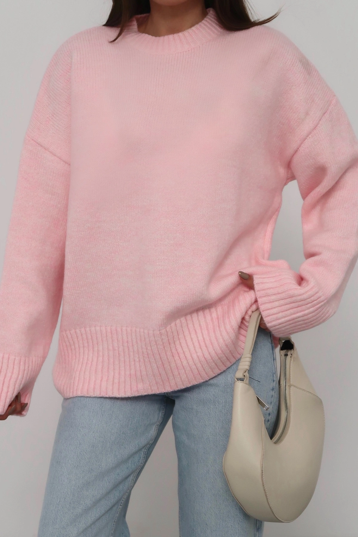 Kadın Şeker Pembe Bisiklet Yaka Pamuksu Dokulu Uzun Kol Triko Kazak