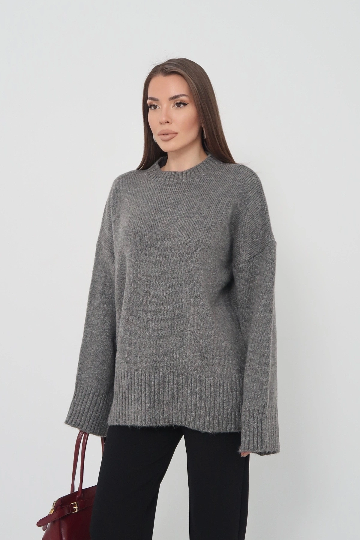 Kadın Oversize Antrasit Bisiklet Yaka Pamuksu Dokulu Triko Kazak