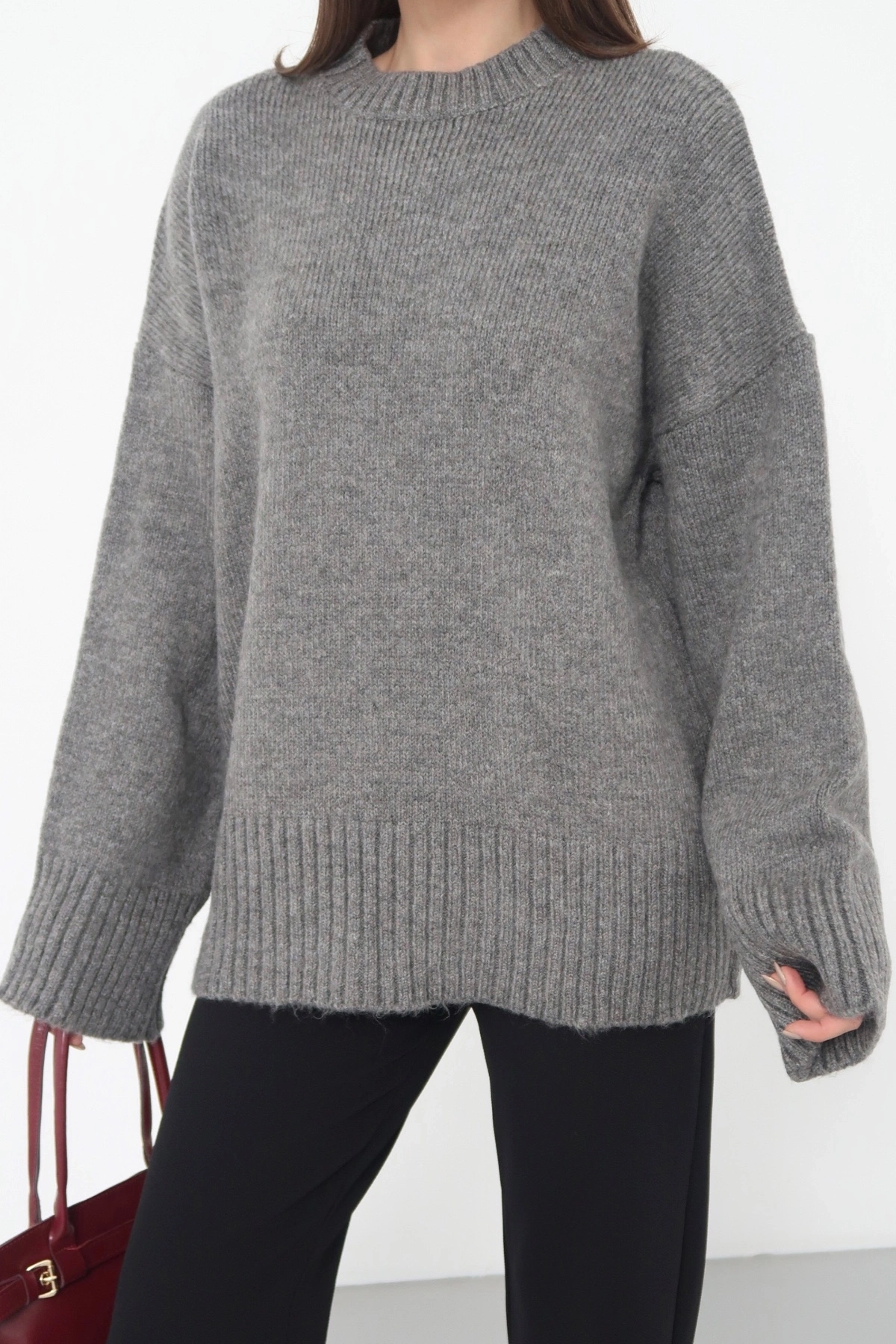 Kadın Oversize Antrasit Bisiklet Yaka Pamuksu Dokulu Triko Kazak