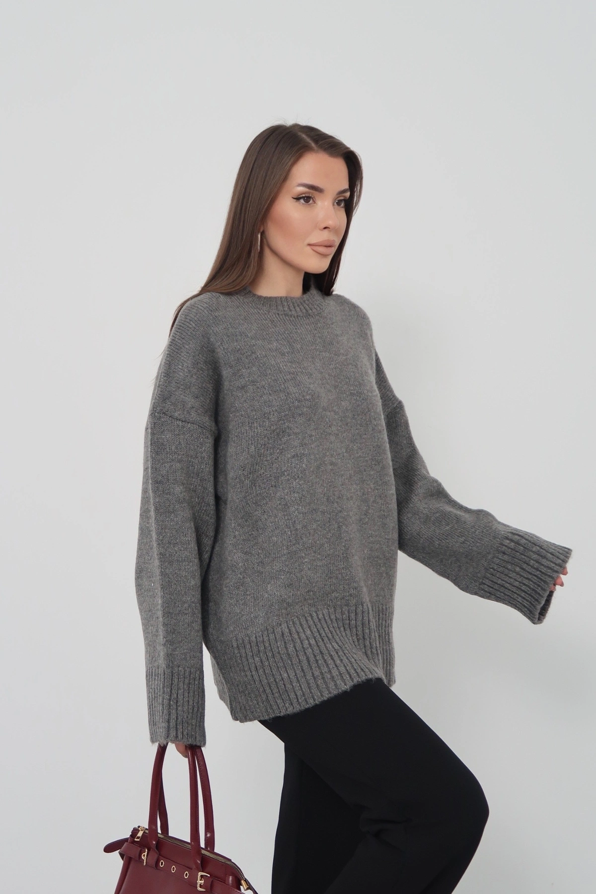 Kadın Oversize Antrasit Bisiklet Yaka Pamuksu Dokulu Triko Kazak