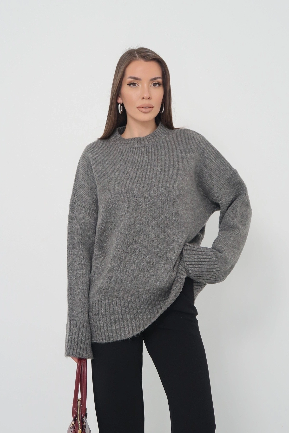 Kadın Oversize Antrasit Bisiklet Yaka Pamuksu Dokulu Triko Kazak