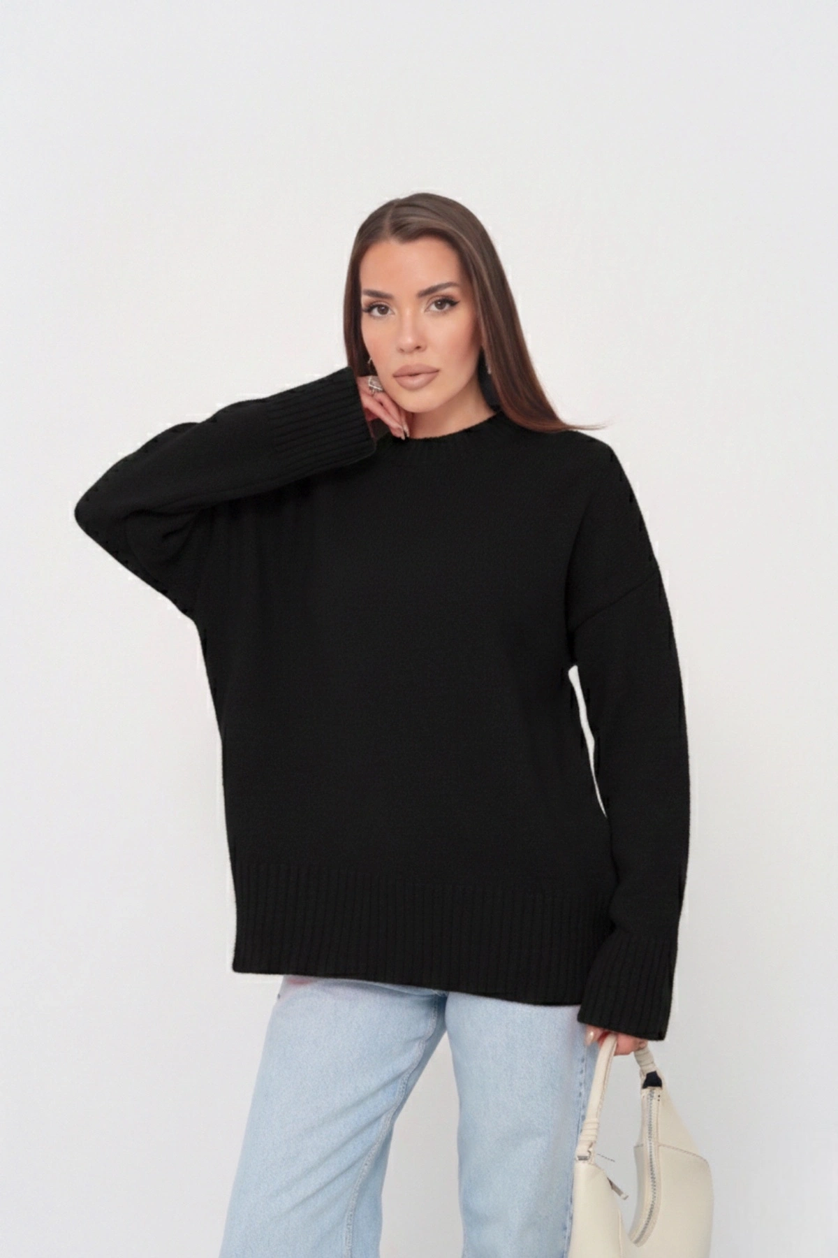 Kadın Siyah Bisiklet Yaka Pamuksu Dokulu Uzun Kol Triko Kazak