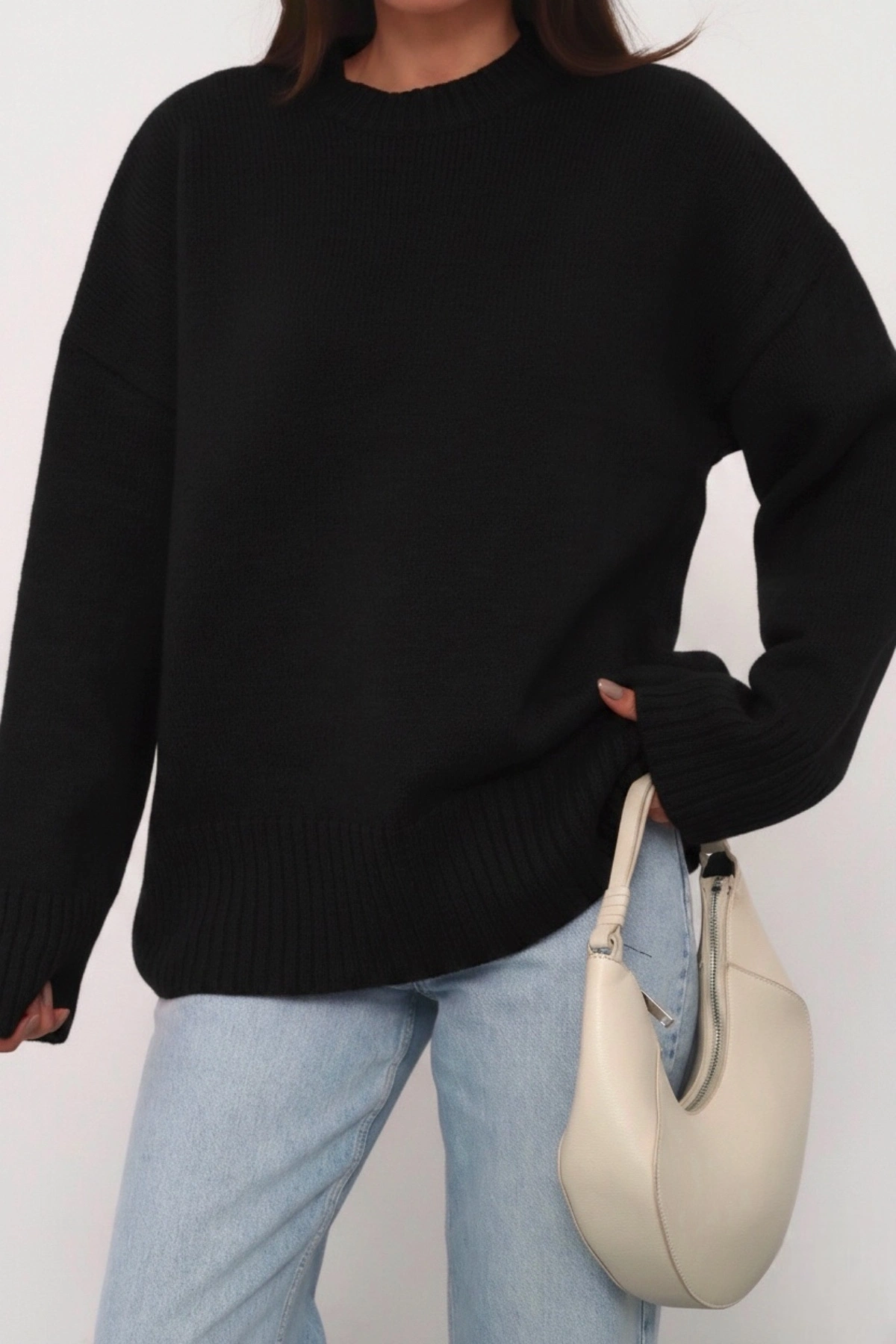 Kadın Siyah Bisiklet Yaka Pamuksu Dokulu Uzun Kol Triko Kazak