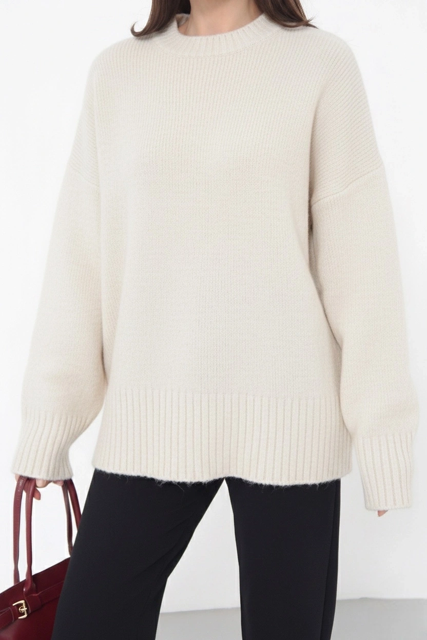 Kadın Oversize Ekru Bisiklet Yaka Pamuksu Dokulu  Uzun Kol Triko Kazak