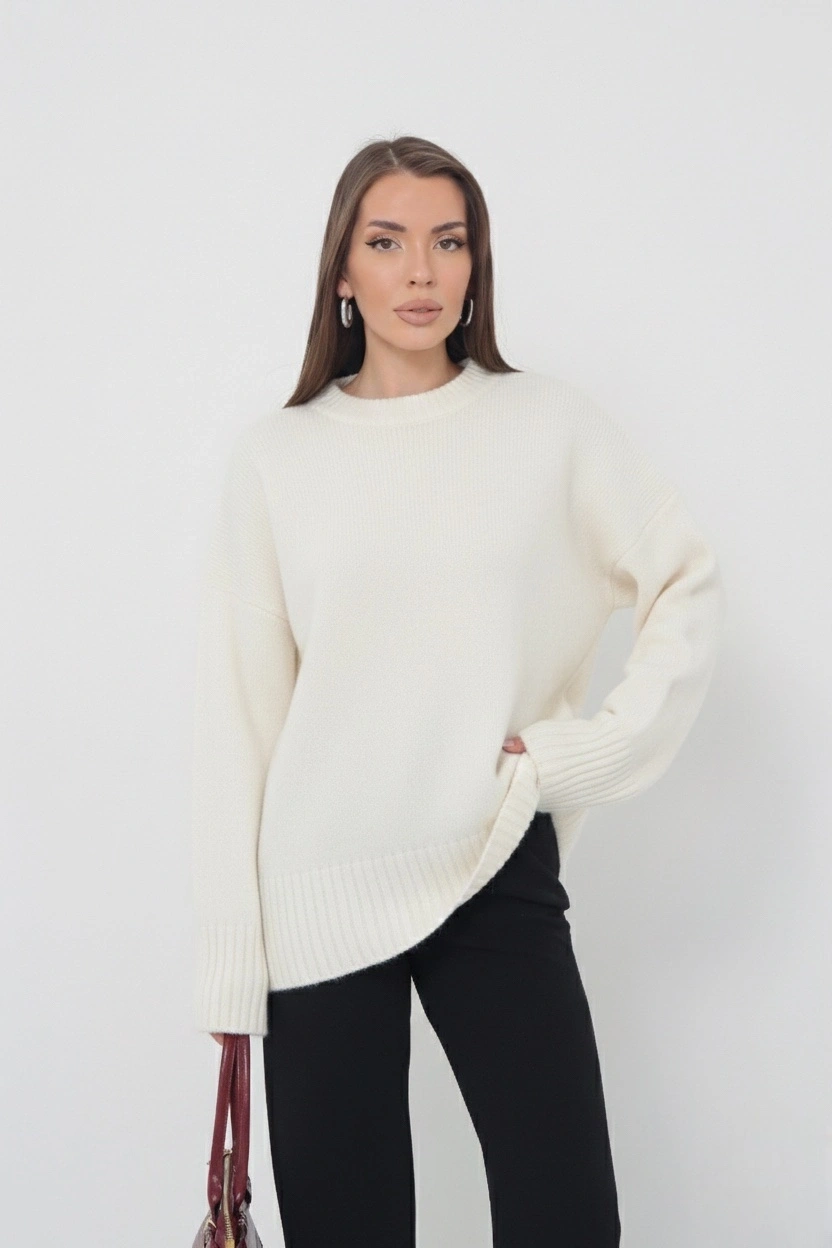 Kadın Oversize Ekru Bisiklet Yaka Pamuksu Dokulu  Uzun Kol Triko Kazak