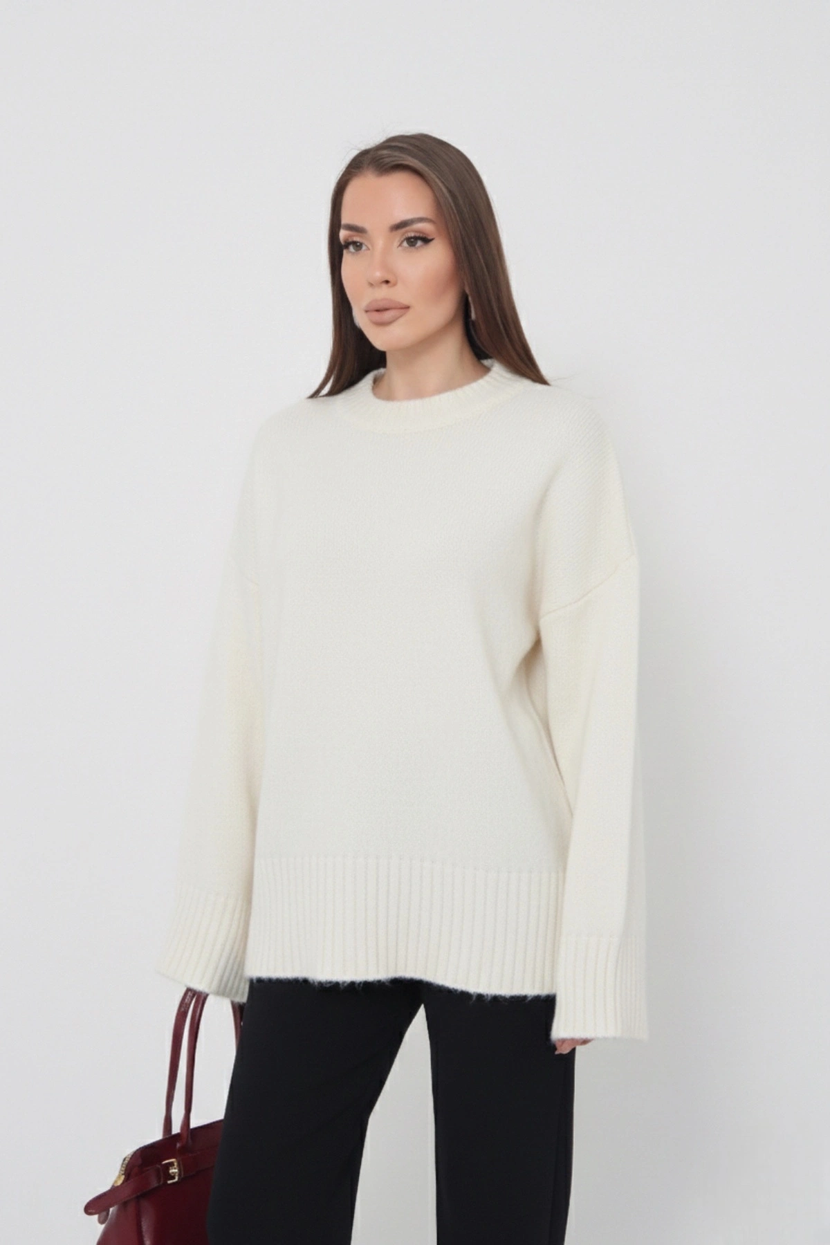 Kadın Oversize Ekru Bisiklet Yaka Pamuksu Dokulu  Uzun Kol Triko Kazak