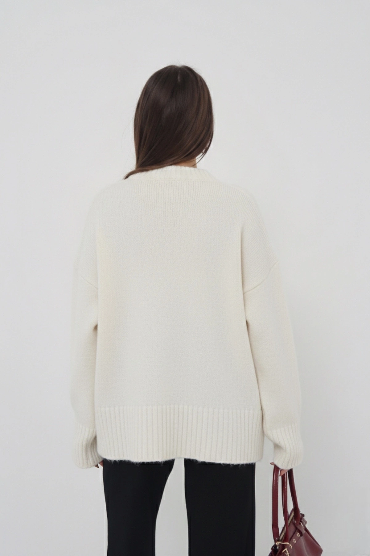 Kadın Oversize Ekru Bisiklet Yaka Pamuksu Dokulu  Uzun Kol Triko Kazak