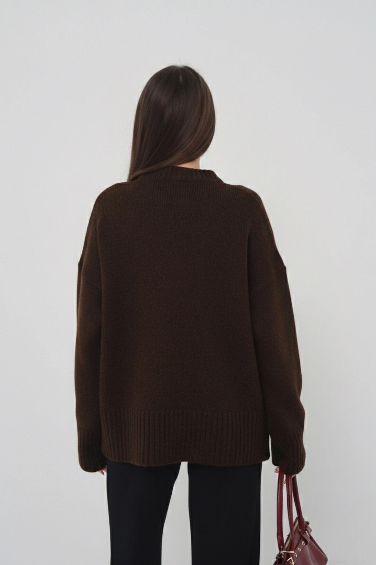 Kadın Oversize Acı Kahve Bisiklet Yaka Pamuksu Dokulu Uzun Kol Triko Kazak