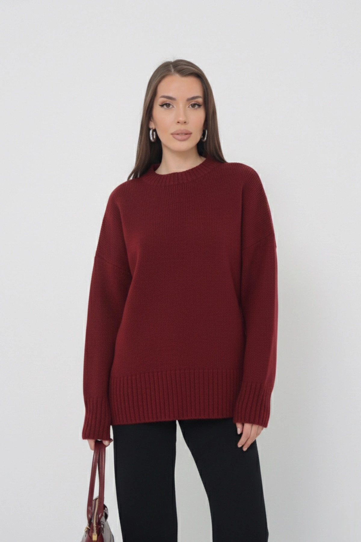 Kadın Oversize Bordo Bisiklet Yaka Pamuksu Dokulu Uzun Kol Triko Kazak