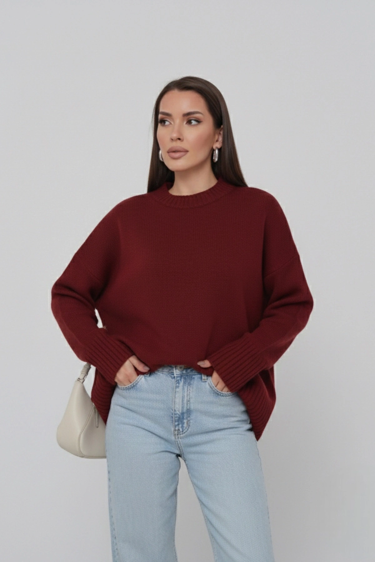 Kadın Oversize Bordo Bisiklet Yaka Pamuksu Dokulu Uzun Kol Triko Kazak