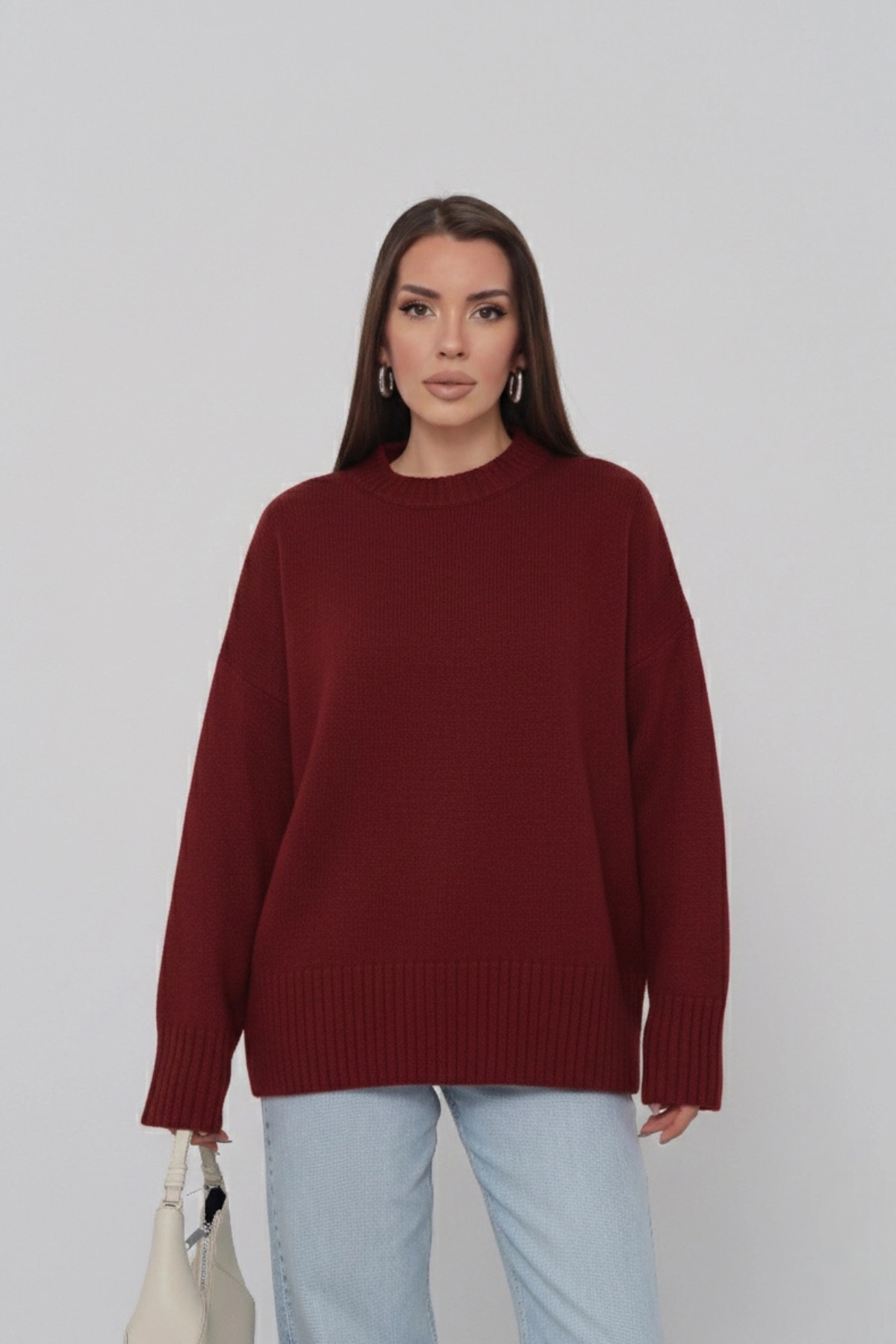 Kadın Oversize Bordo Bisiklet Yaka Pamuksu Dokulu Uzun Kol Triko Kazak