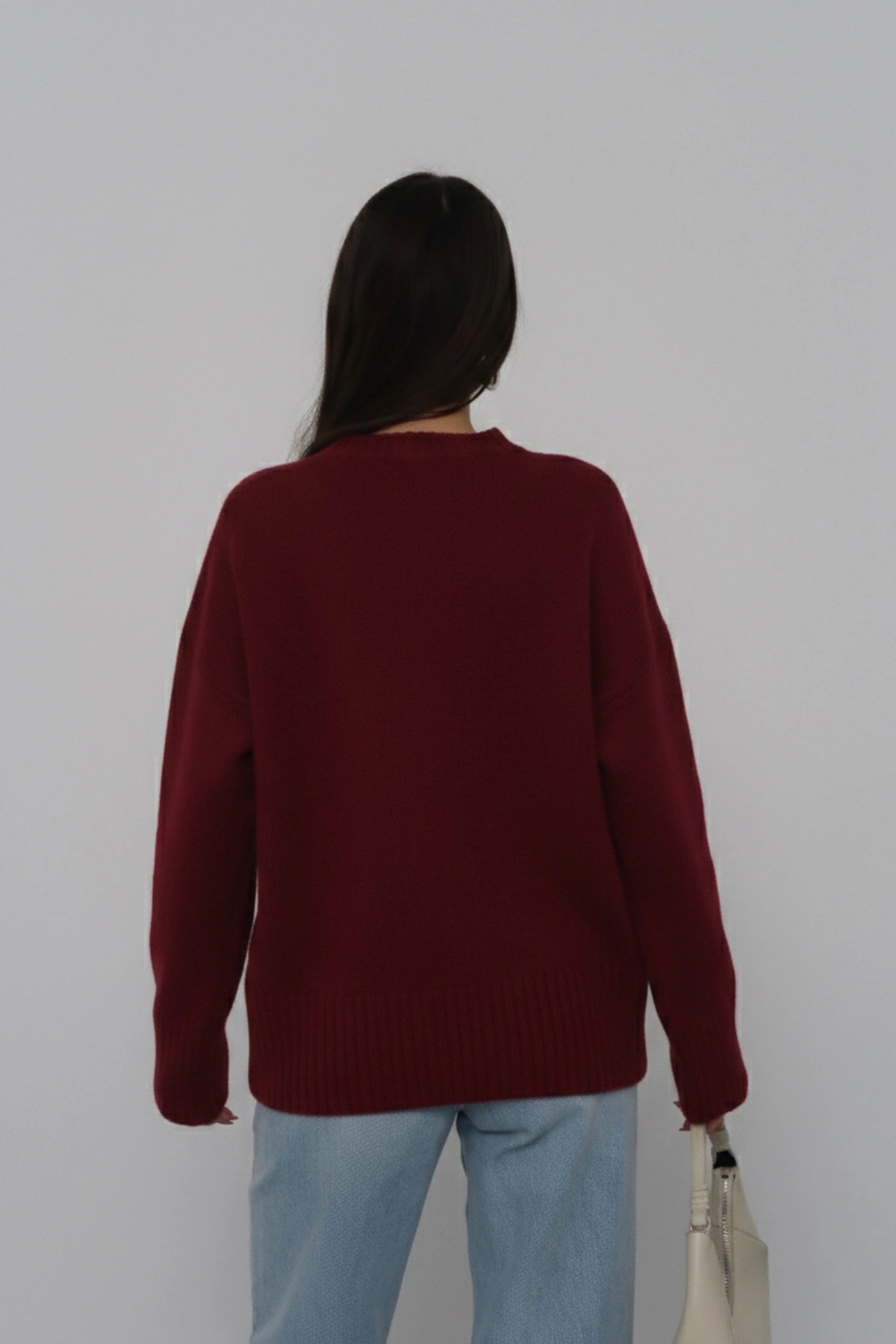 Kadın Oversize Bordo Bisiklet Yaka Pamuksu Dokulu Uzun Kol Triko Kazak