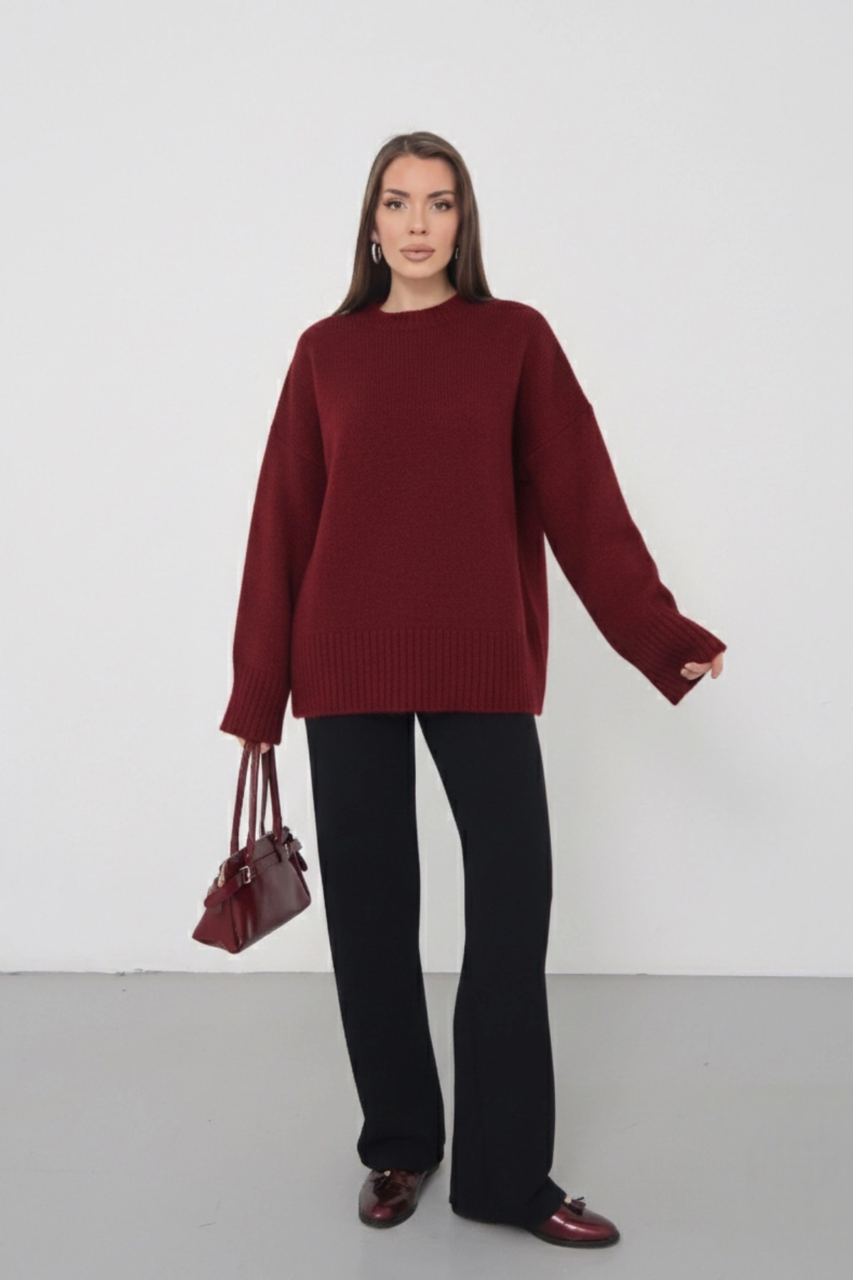 Kadın Oversize Bordo Bisiklet Yaka Pamuksu Dokulu Uzun Kol Triko Kazak