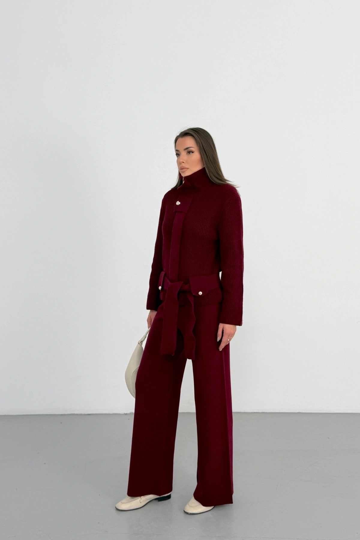 Kadın Bordo Dik Yaka Kuşaklı Premium Kalite Triko Hırka Bol Paça Pantolon Triko Takım