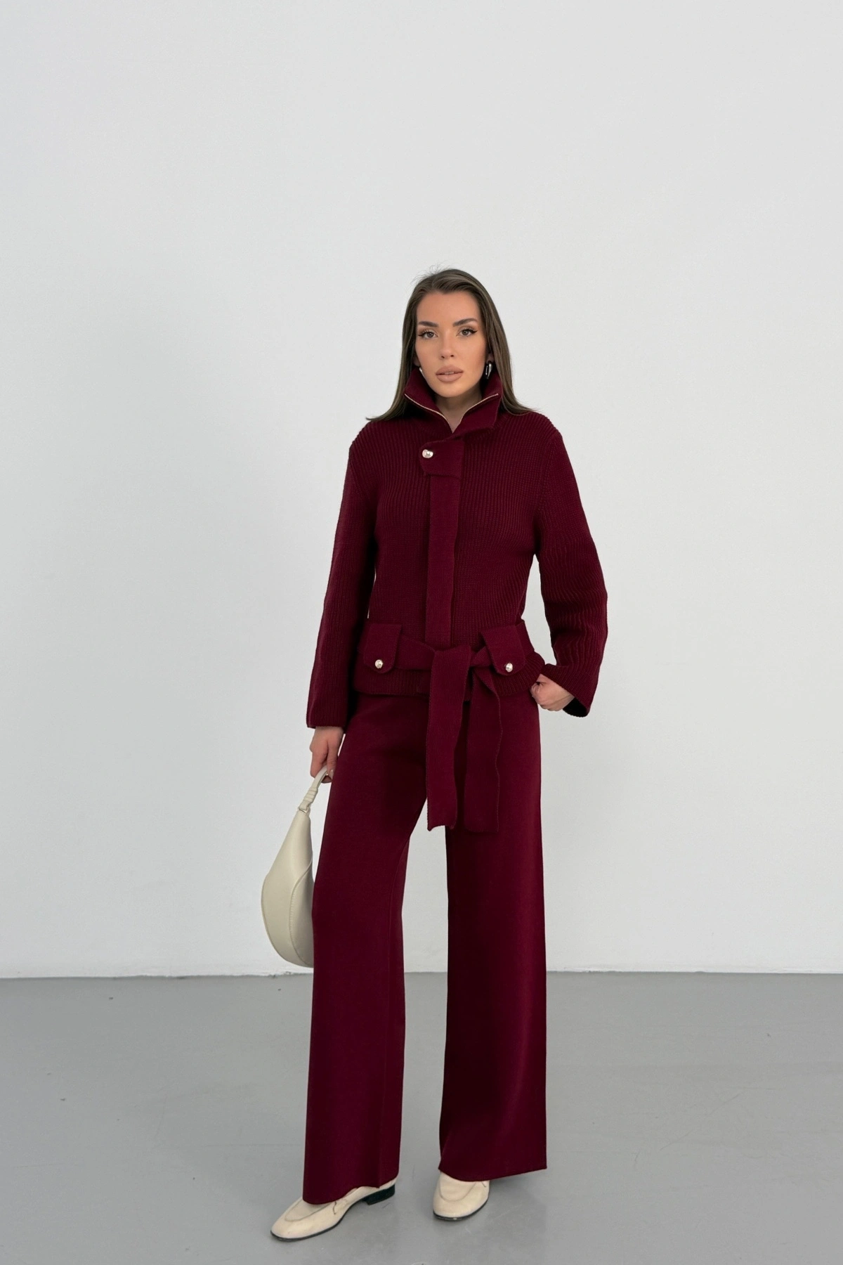 Kadın Bordo Dik Yaka Kuşaklı Premium Kalite Triko Hırka Bol Paça Pantolon Triko Takım