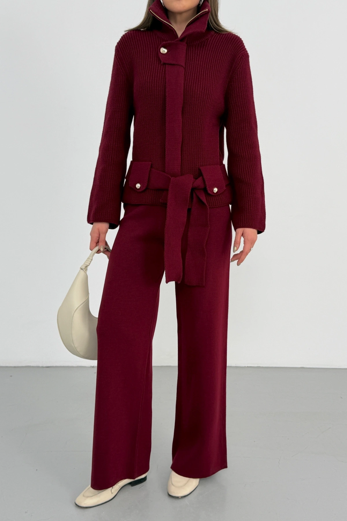 Kadın Bordo Dik Yaka Kuşaklı Premium Kalite Triko Hırka Bol Paça Pantolon Triko Takım