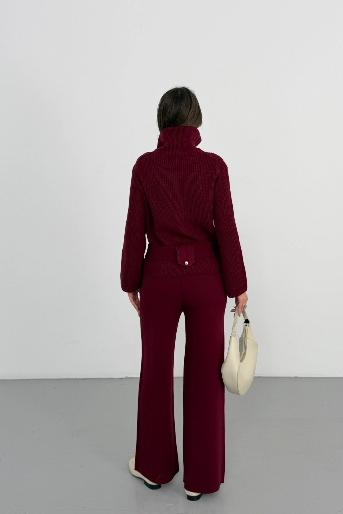 Kadın Bordo Dik Yaka Kuşaklı Premium Kalite Triko Hırka Bol Paça Pantolon Triko Takım