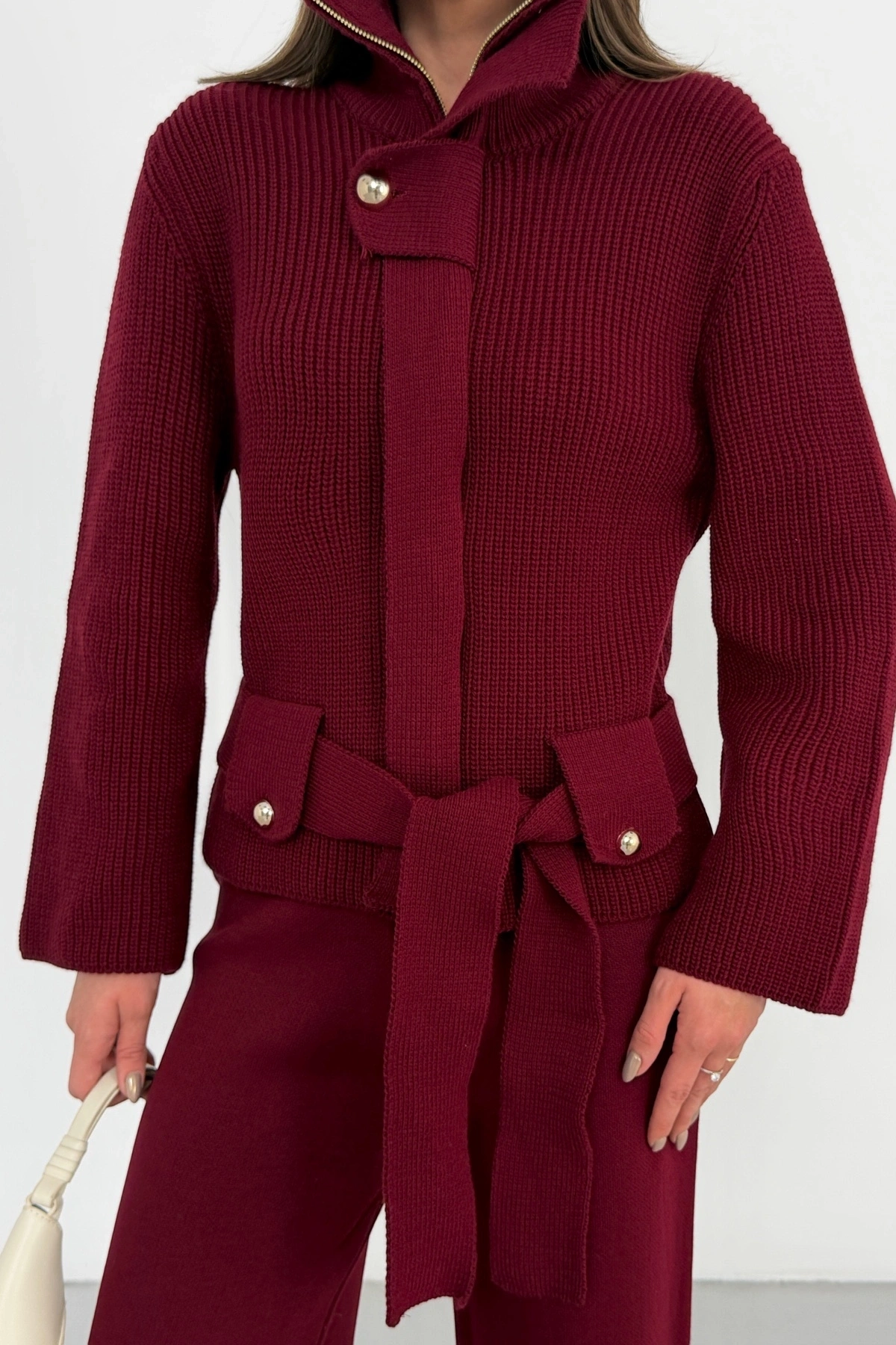 Kadın Bordo Dik Yaka Kuşaklı Premium Kalite Triko Hırka Bol Paça Pantolon Triko Takım