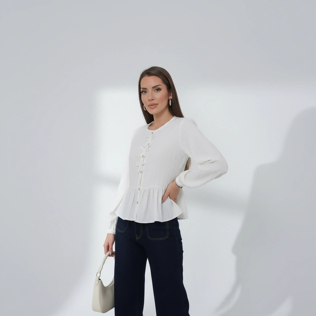 Kadın Ekru Fiyonk Detaylı Düğmeli Uzun Kol Gömlek Bluz