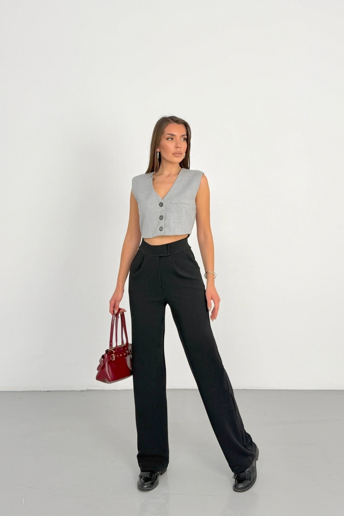 Kadın Siyah Yüksek Bel Likralı Cırt Bant Kapamalı Geniş Paça Palazzo Pantolon