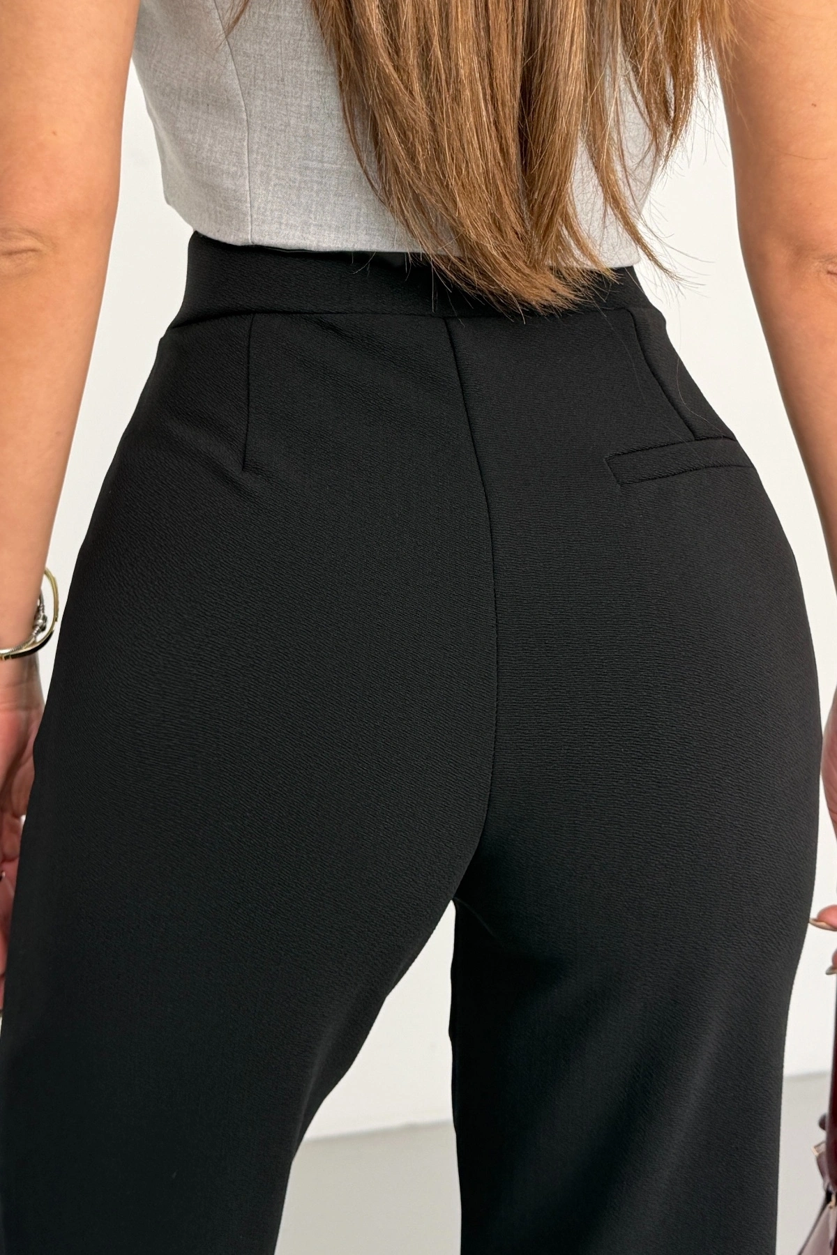 Kadın Siyah Yüksek Bel Likralı Cırt Bant Kapamalı Geniş Paça Palazzo Pantolon