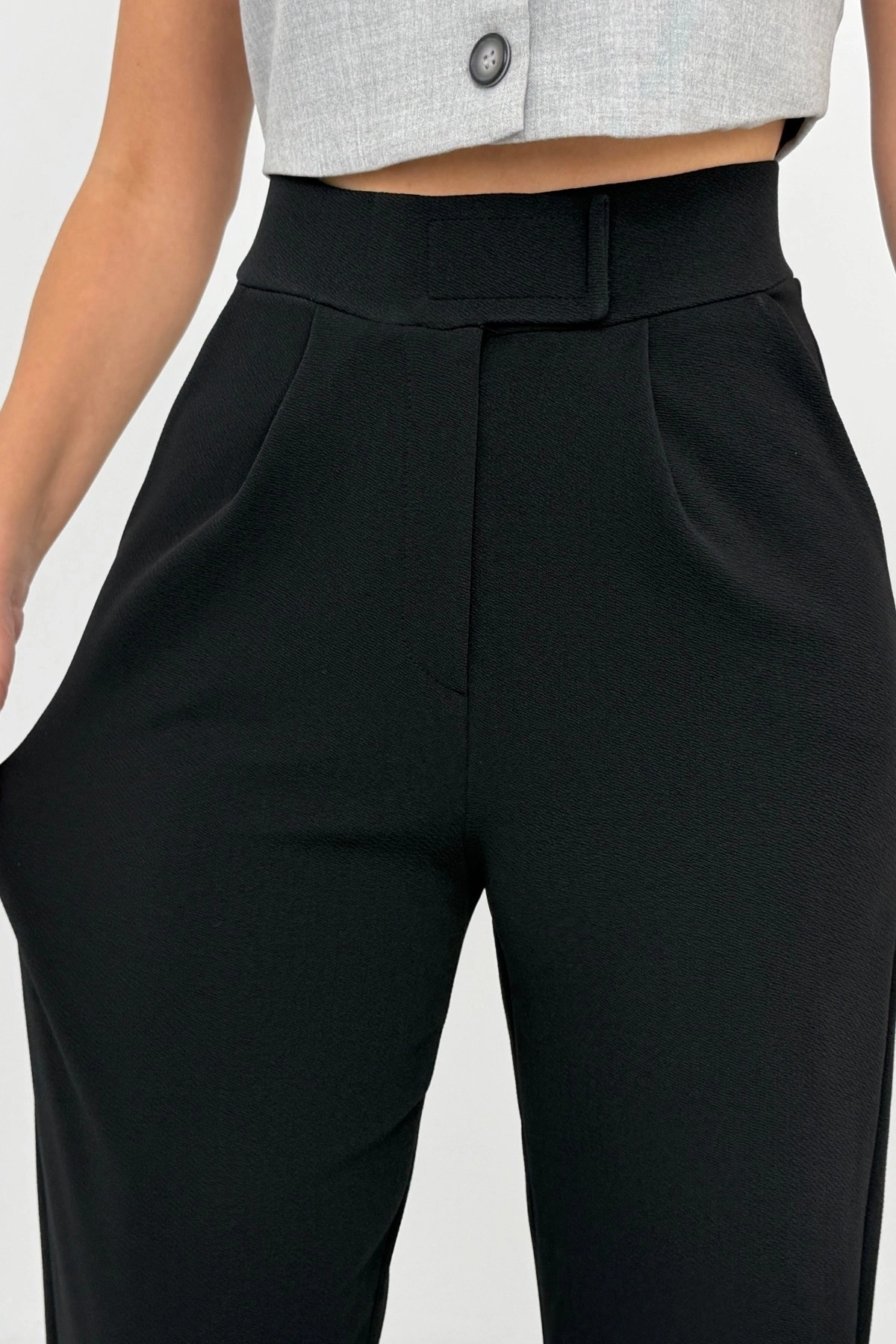 Kadın Siyah Yüksek Bel Likralı Cırt Bant Kapamalı Geniş Paça Palazzo Pantolon