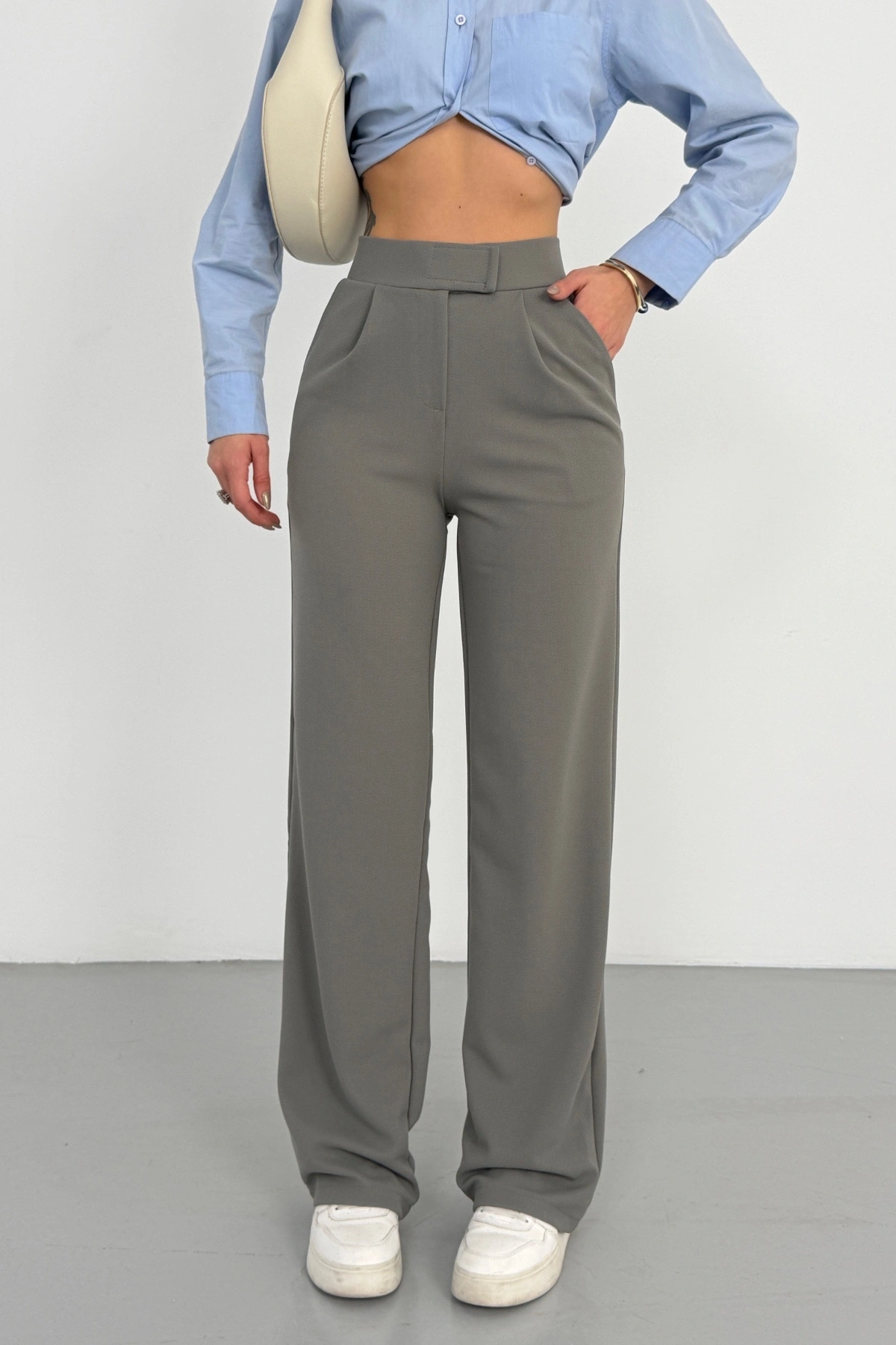 Kadın Antrasit Yüksek Bel Likralı Cırt Bant Kapamalı Geniş Paça Palazzo Pantolon