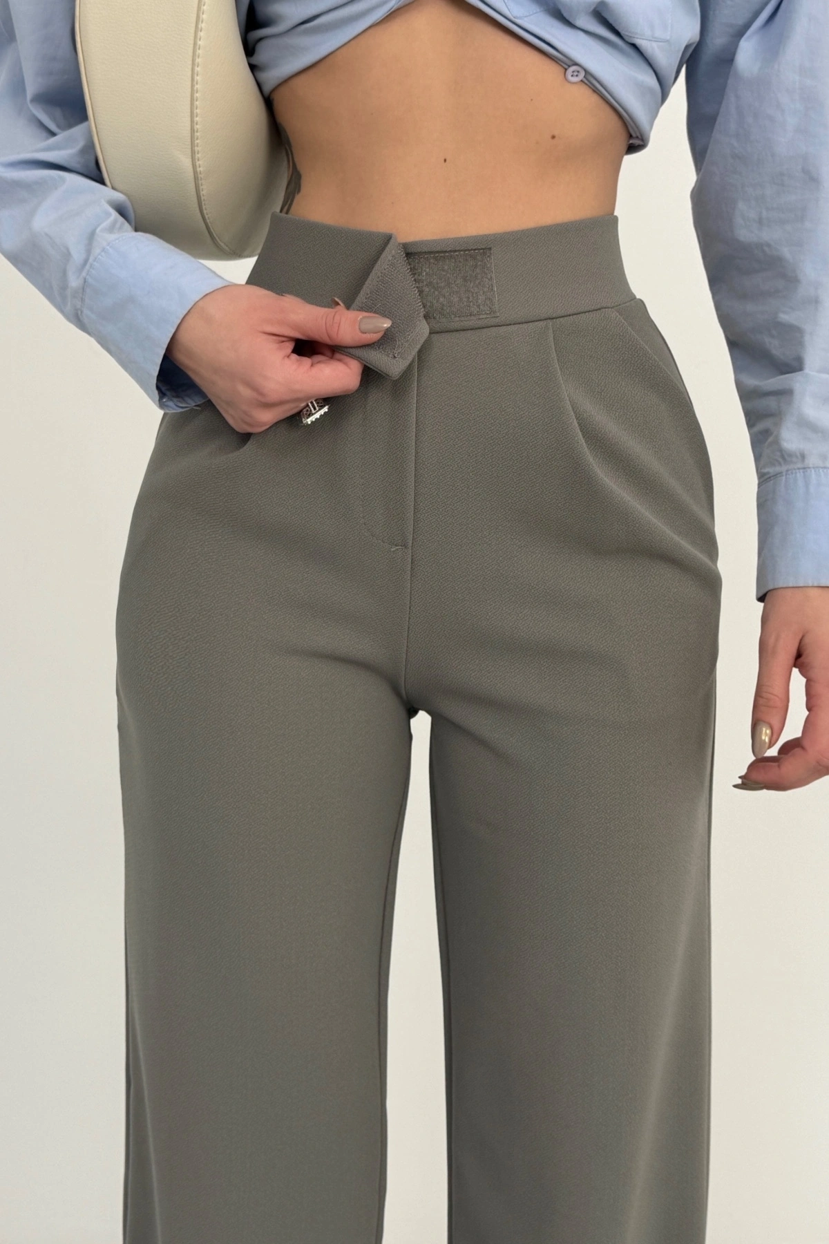 Kadın Antrasit Yüksek Bel Likralı Cırt Bant Kapamalı Geniş Paça Palazzo Pantolon