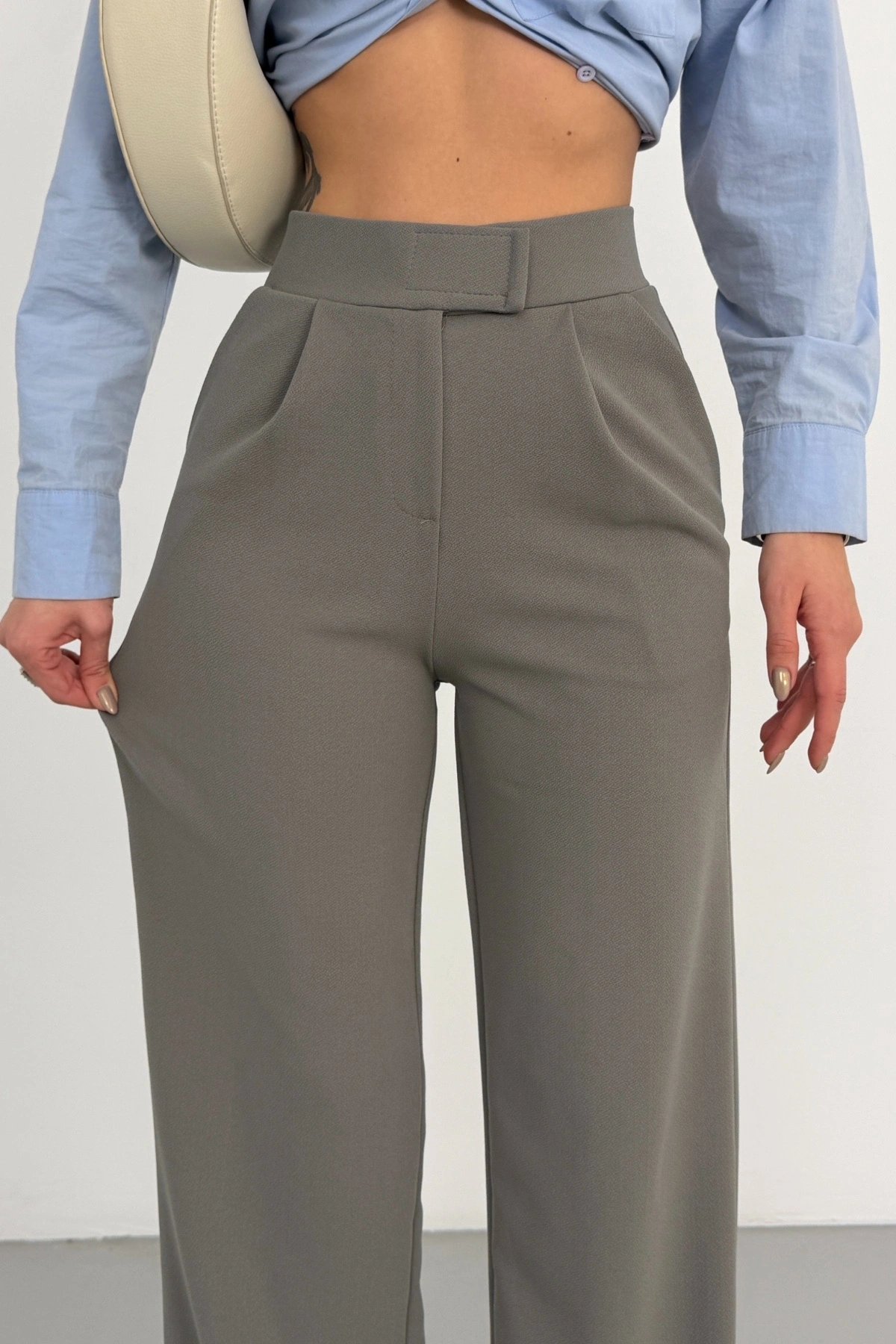 Kadın Antrasit Yüksek Bel Likralı Cırt Bant Kapamalı Geniş Paça Palazzo Pantolon