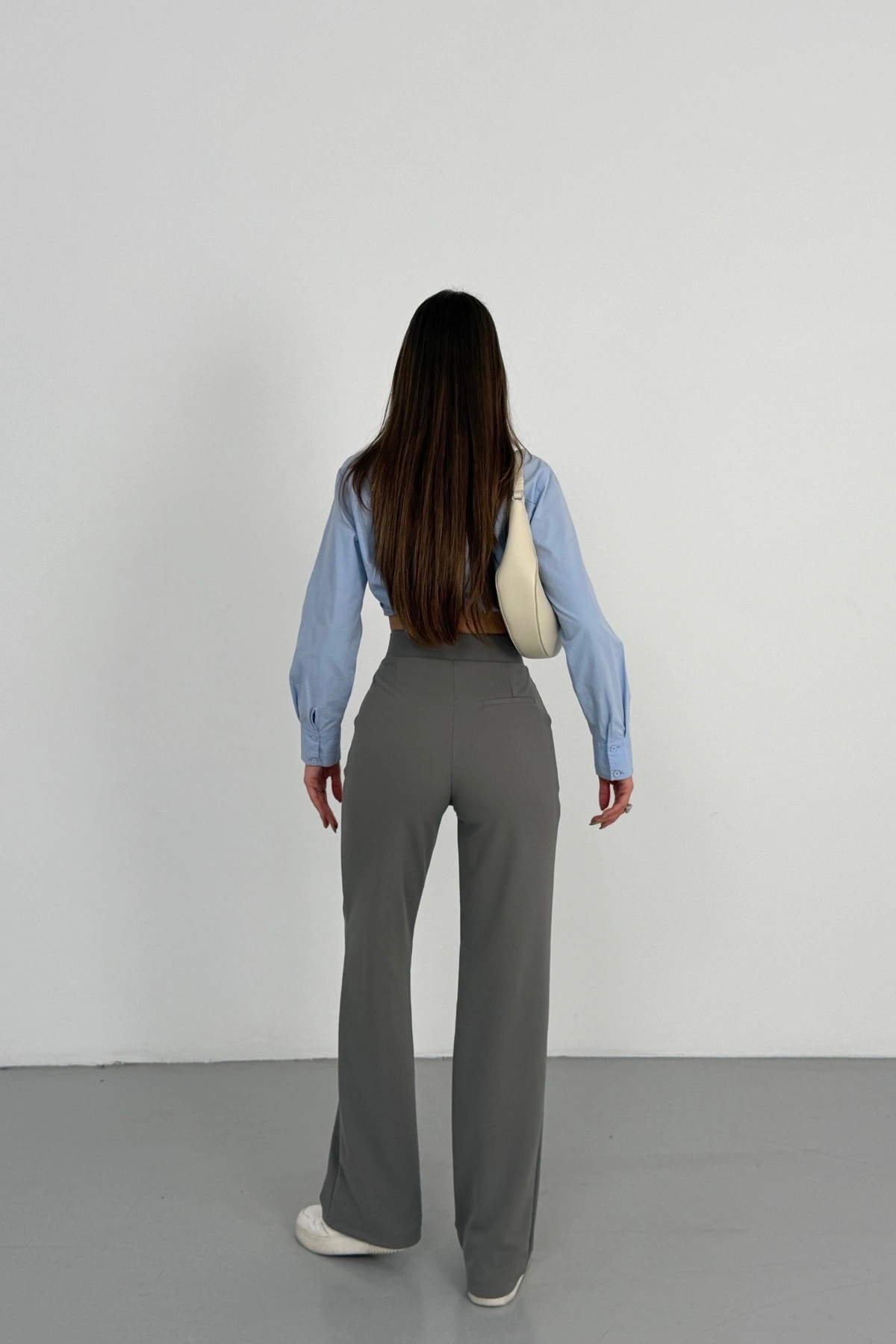 Kadın Antrasit Yüksek Bel Likralı Cırt Bant Kapamalı Geniş Paça Palazzo Pantolon