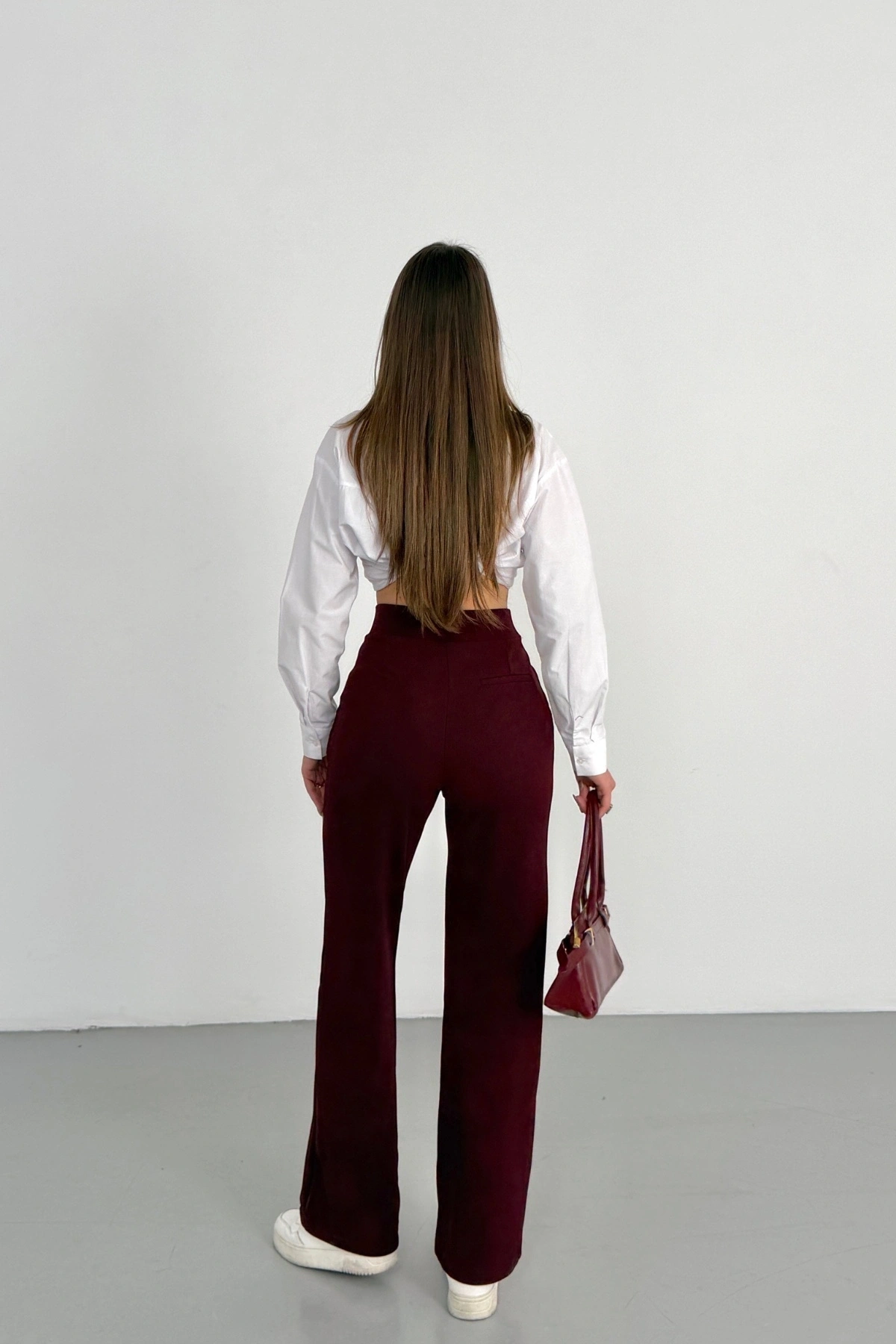 Kadın Bordo Yüksek Bel Likralı Cırt Bant Kapamalı Geniş Paça Palazzo Pantolon