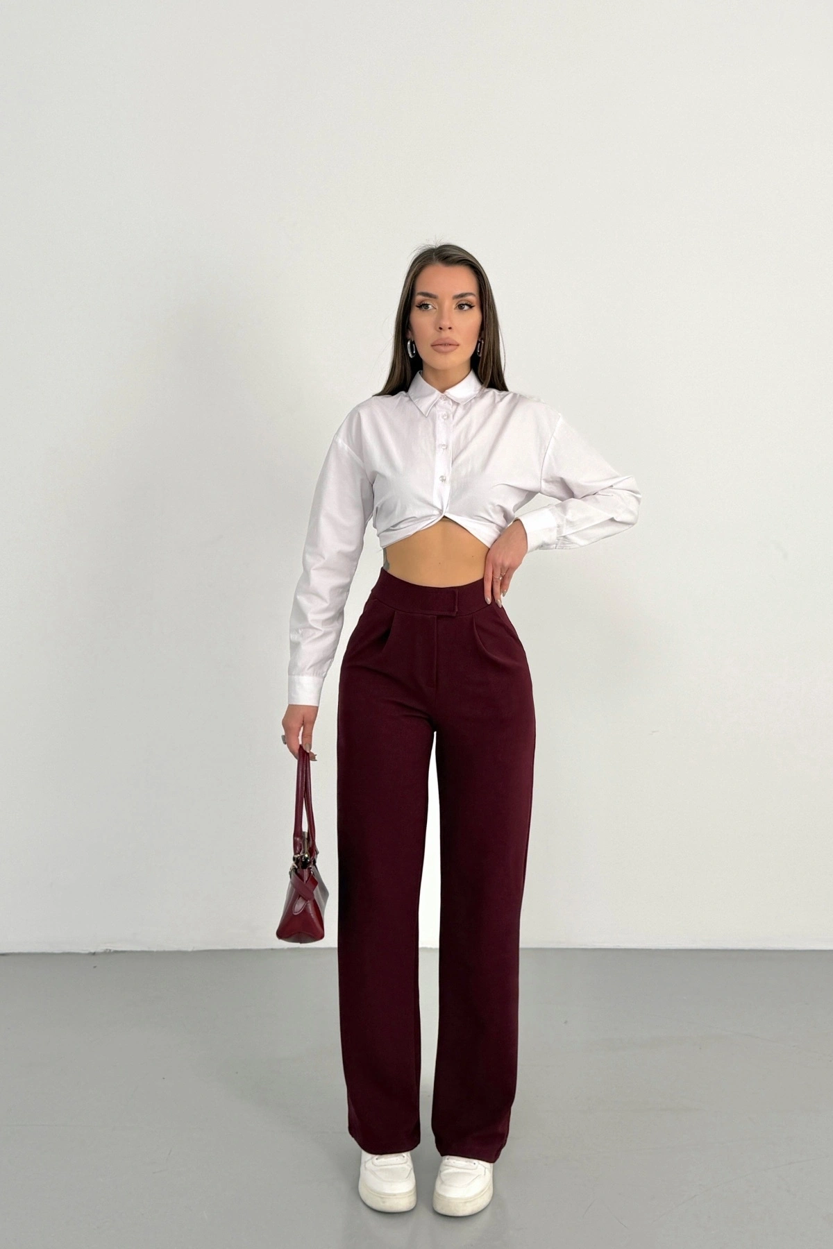 Kadın Bordo Yüksek Bel Likralı Cırt Bant Kapamalı Geniş Paça Palazzo Pantolon