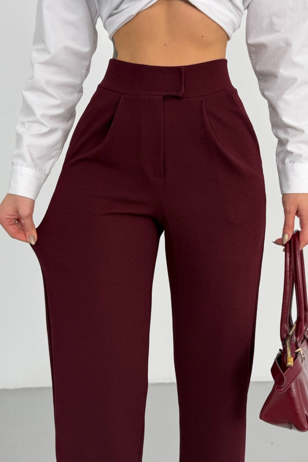 Kadın Bordo Yüksek Bel Likralı Cırt Bant Kapamalı Geniş Paça Palazzo Pantolon