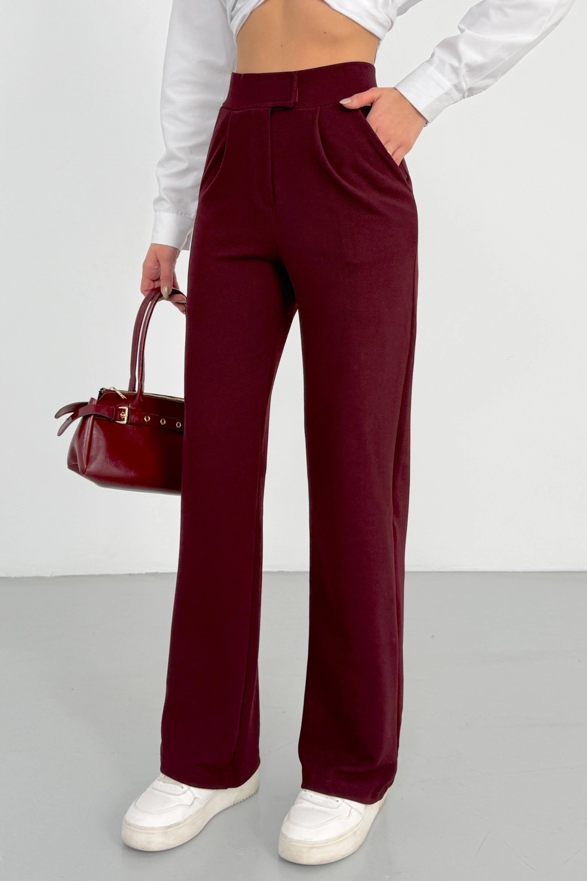 Kadın Bordo Yüksek Bel Likralı Cırt Bant Kapamalı Geniş Paça Palazzo Pantolon