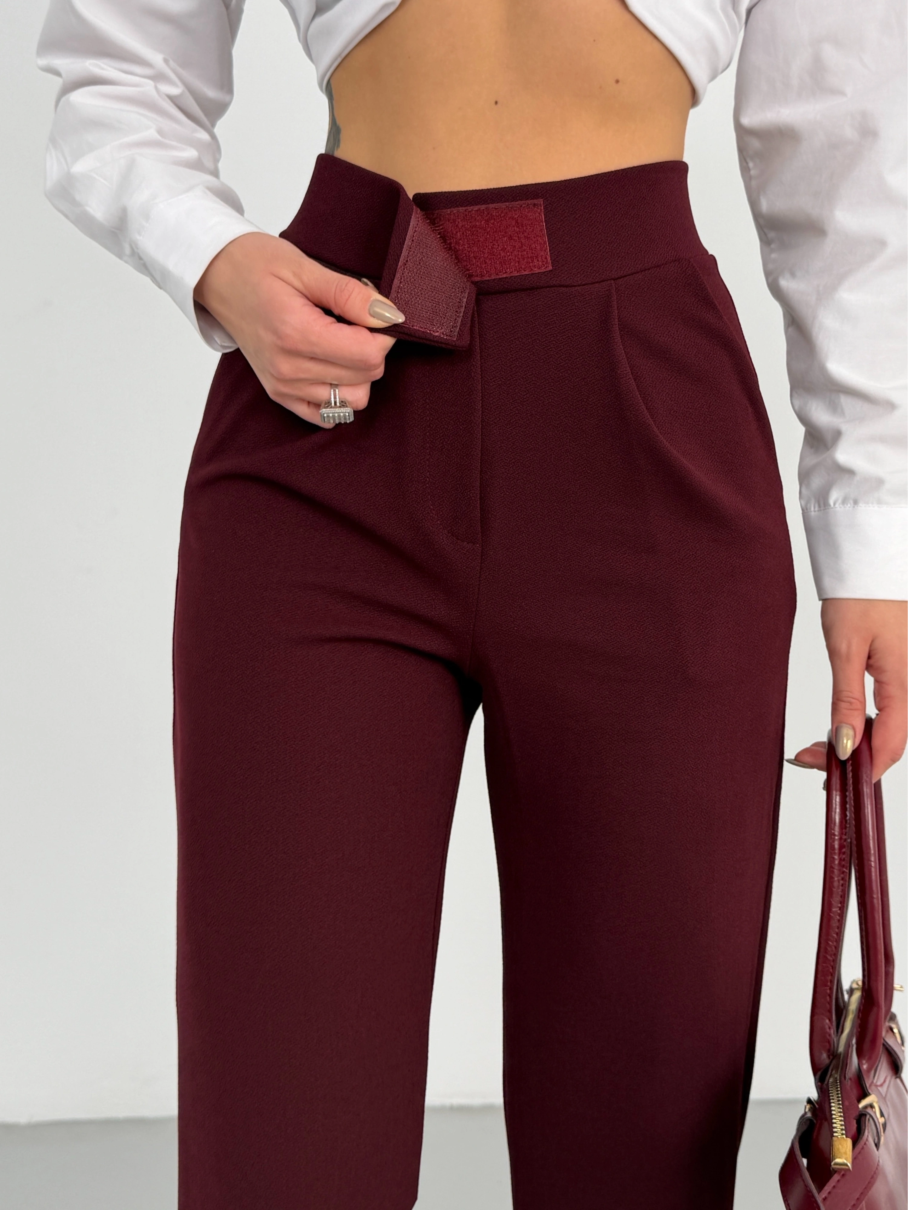 Kadın Bordo Yüksek Bel Likralı Cırt Bant Kapamalı Geniş Paça Palazzo Pantolon