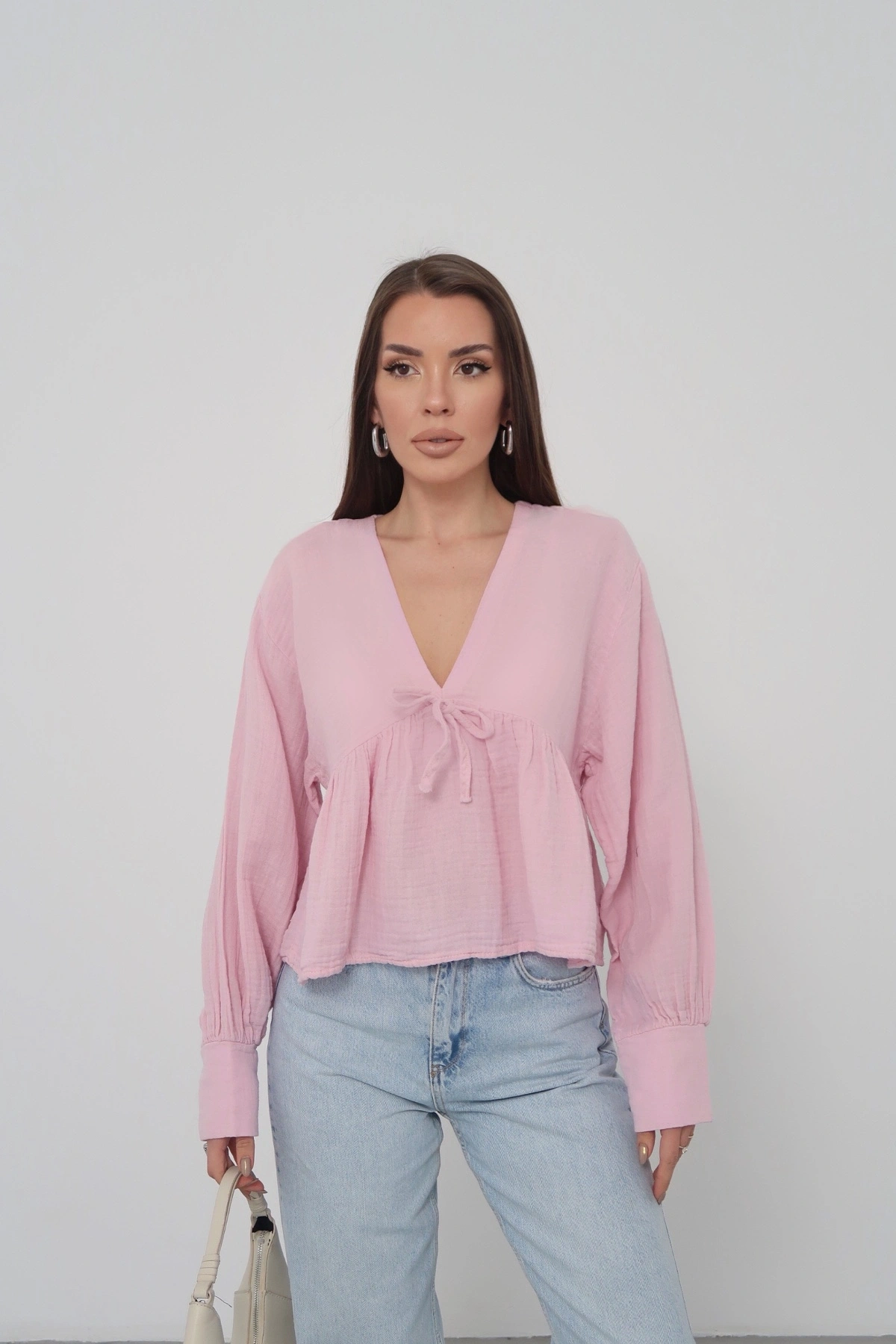 Kadın Pudra V Yaka Önü Bağcıklı Salaş Uzun Kollu Bluz