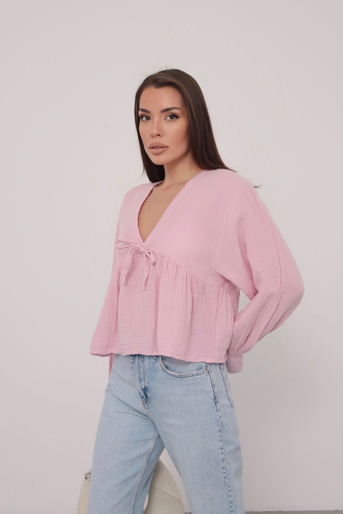 Kadın Pudra V Yaka Önü Bağcıklı Salaş Uzun Kollu Bluz