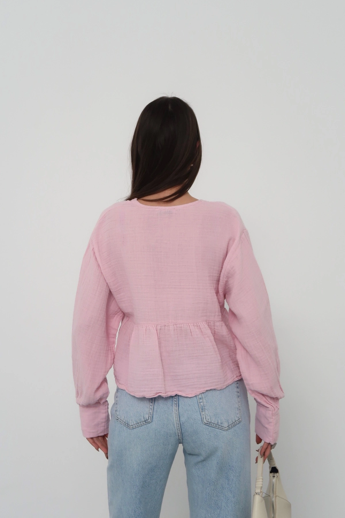 Kadın Pudra V Yaka Önü Bağcıklı Salaş Uzun Kollu Bluz